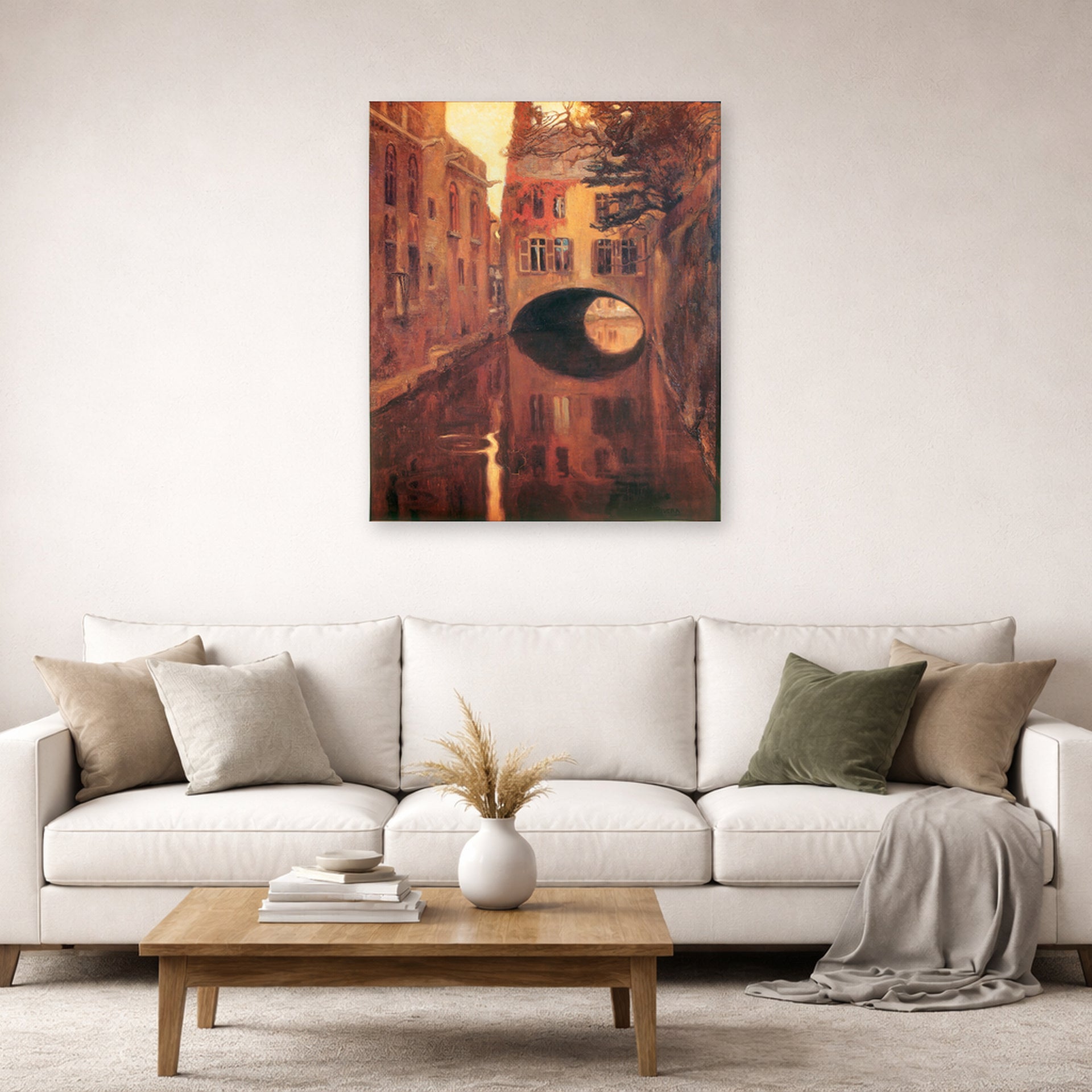Unframed poster print of Diego Rivera's The House on the Bridge displayed on a wall in a living room