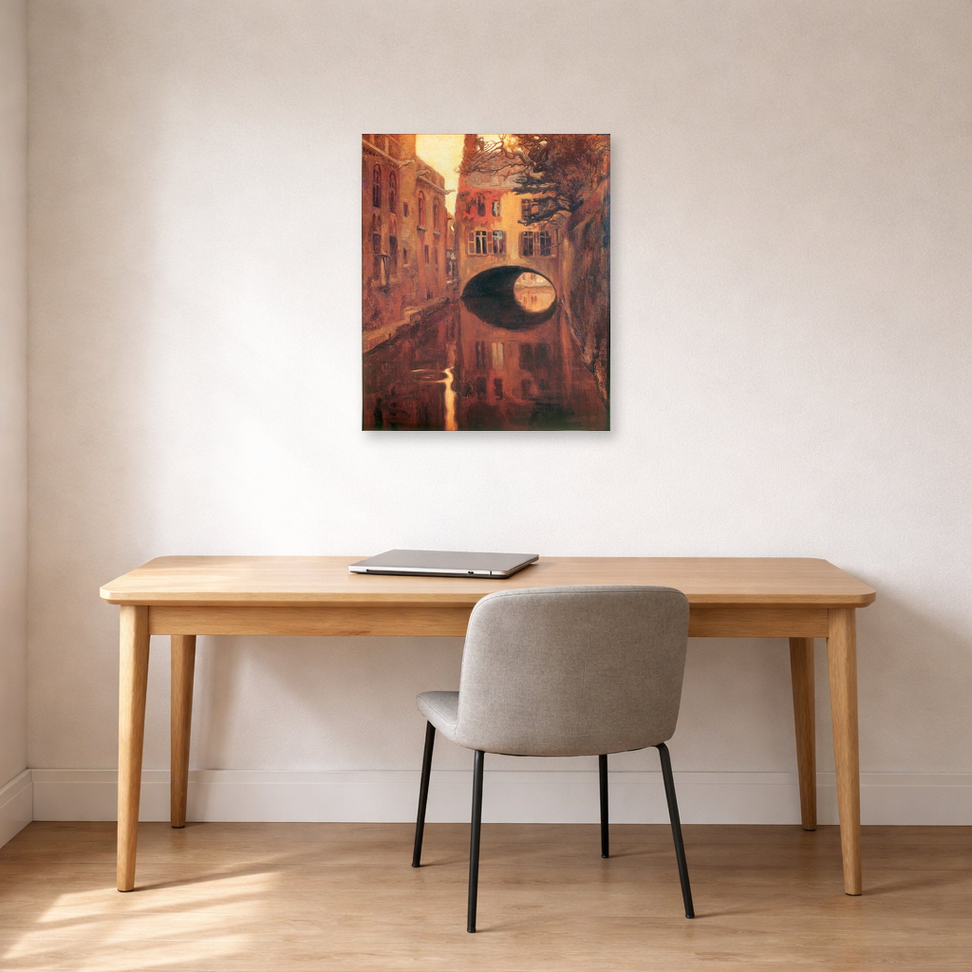 Unframed poster print of Diego Rivera's The House on the Bridge displayed on a wall in a home office