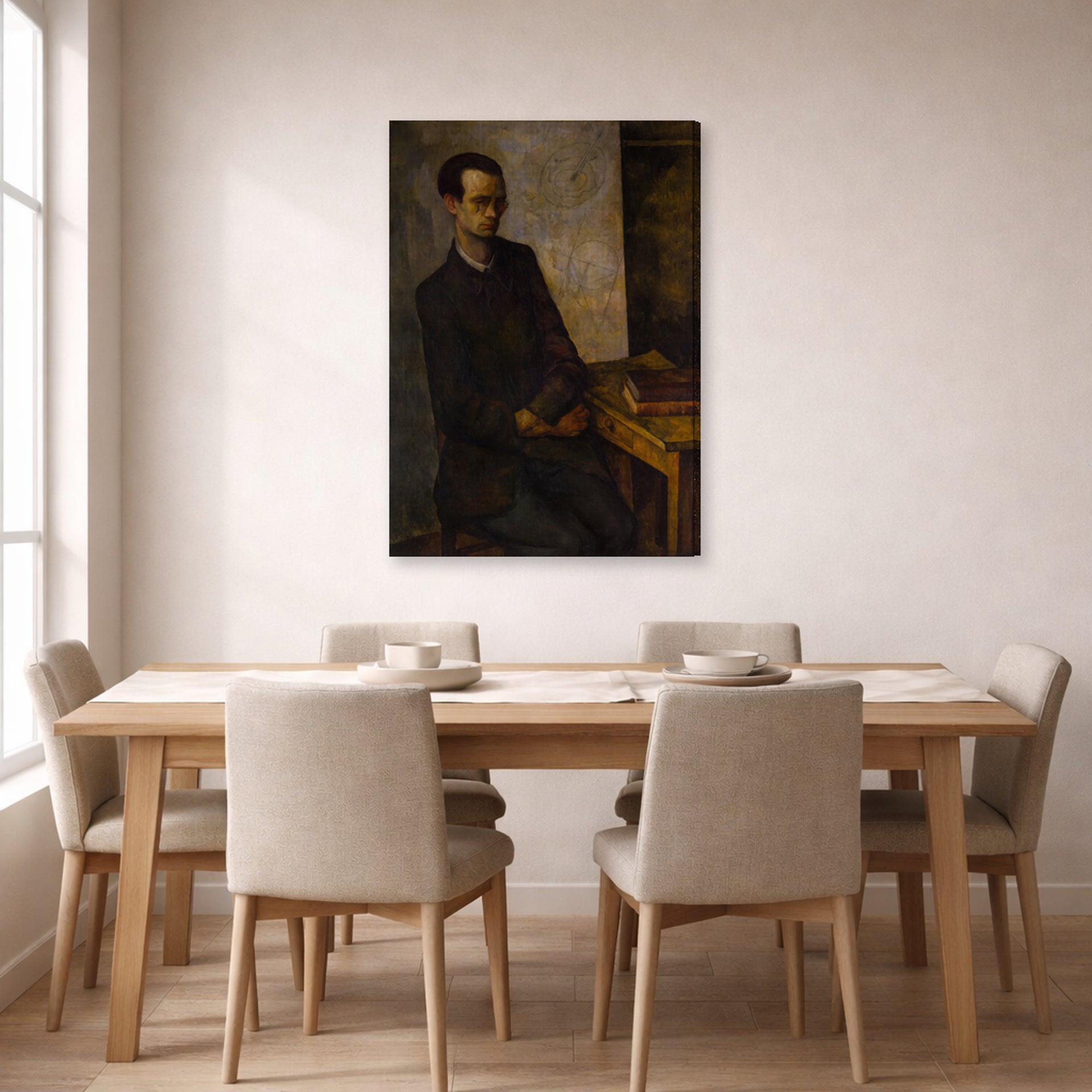 Gallery-wrapped canvas print of Diego Rivera's The Mathematician displayed on a wall in a dining room