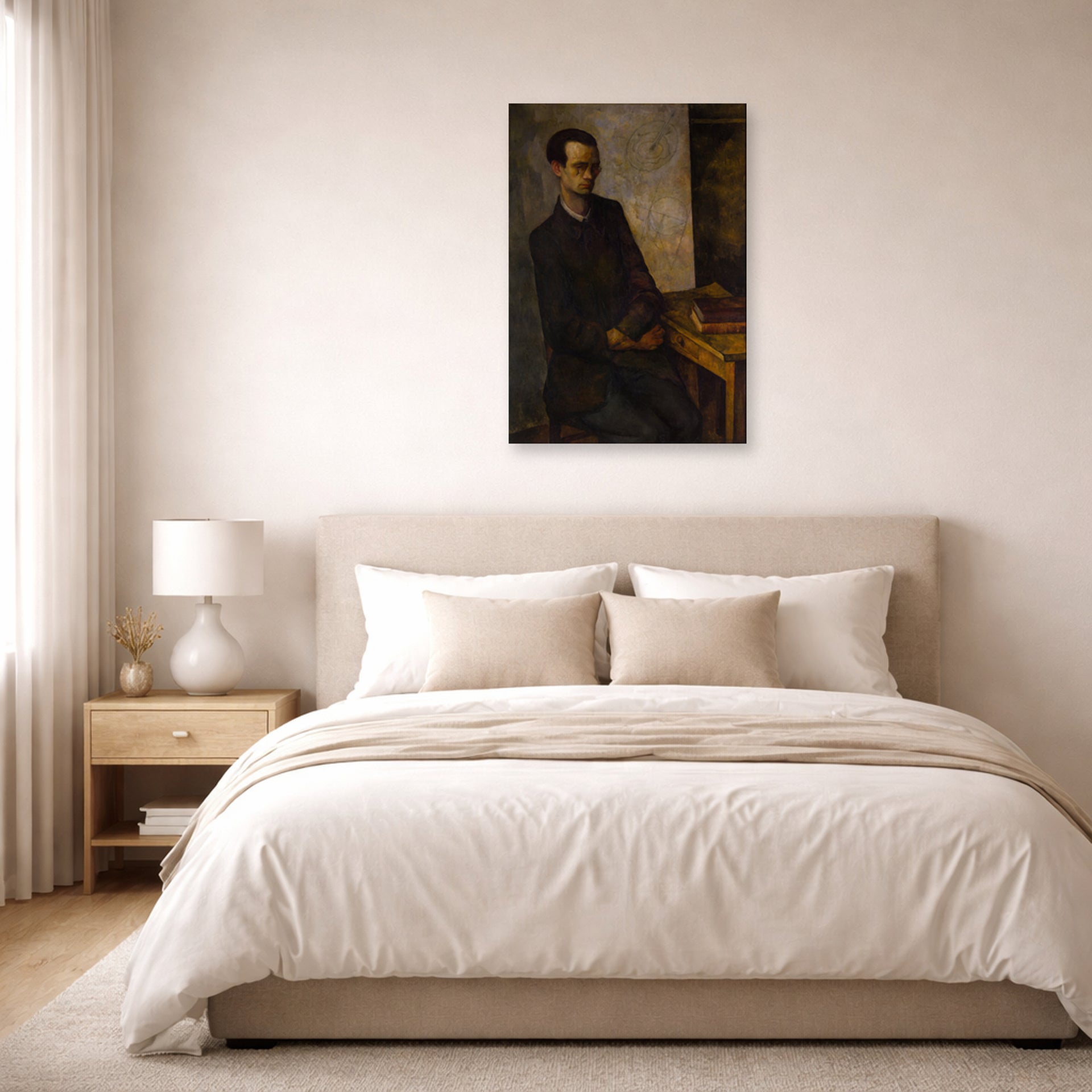 Unframed poster print of Diego Rivera's The Mathematician displayed on a wall in a bedroom