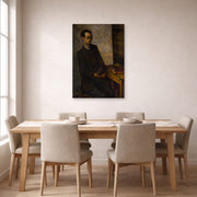 Unframed poster print of Diego Rivera's The Mathematician displayed on a wall in a dining room