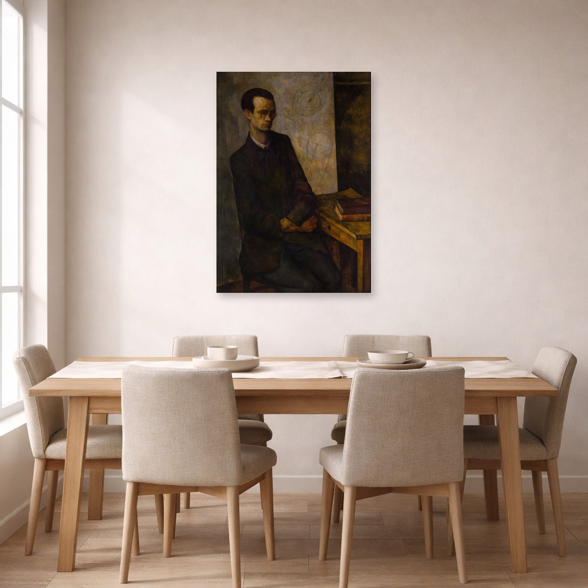 Unframed poster print of Diego Rivera's The Mathematician displayed on a wall in a dining room