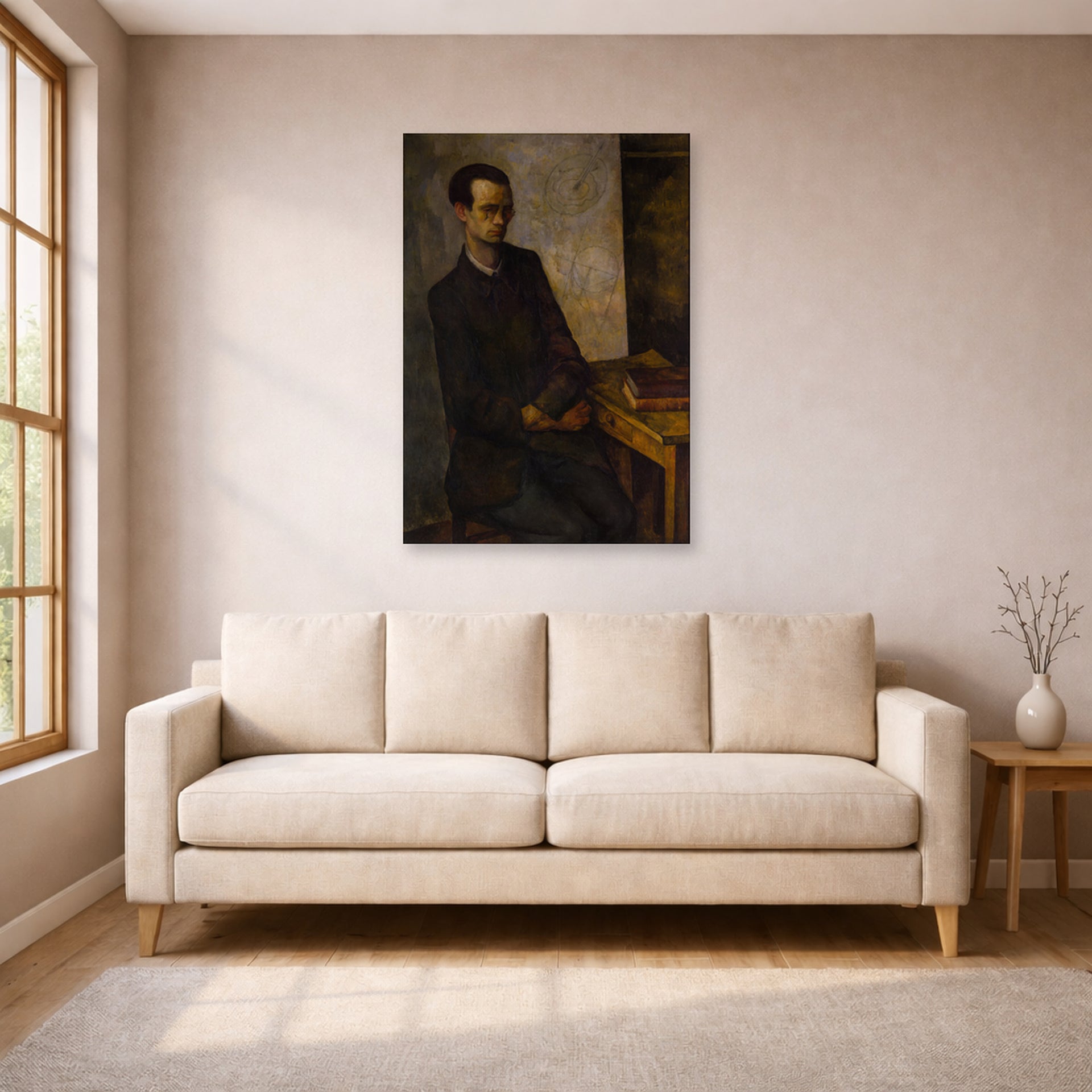 Unframed poster print of Diego Rivera's The Mathematician displayed on a wall in a living room