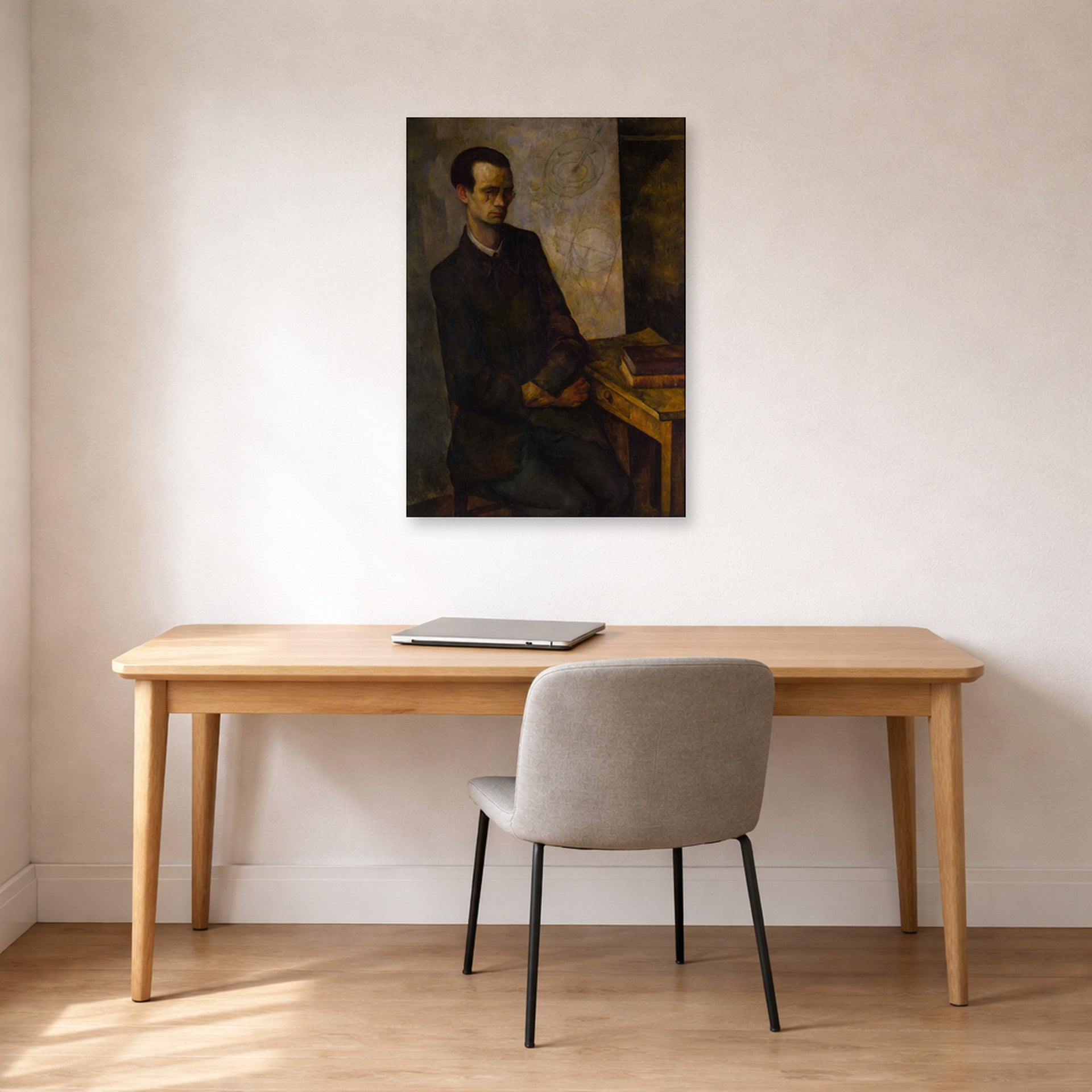 Unframed poster print of Diego Rivera's The Mathematician displayed on a wall in a home office