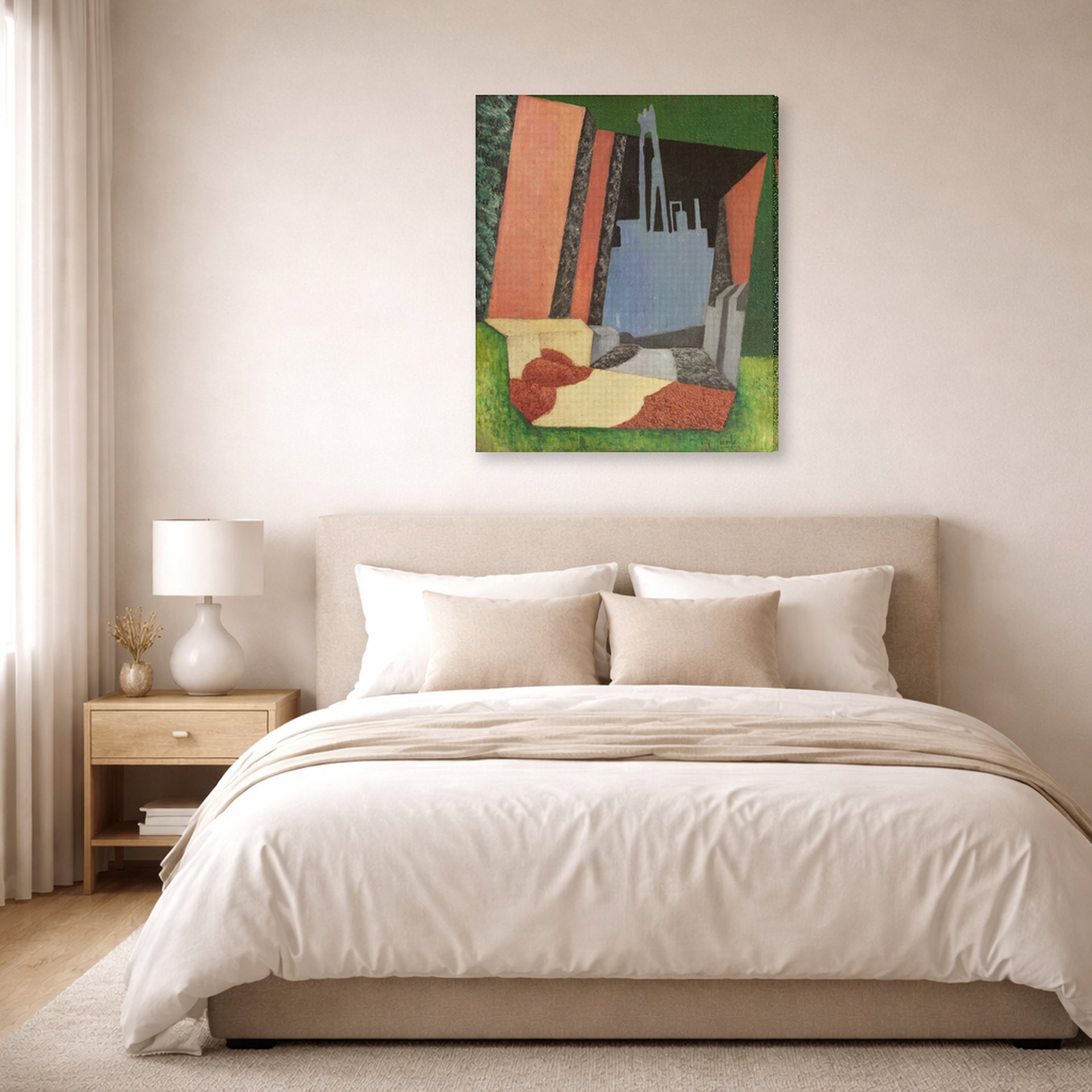 Gallery-wrapped canvas print of Diego Rivera's Urban Landscape displayed on a wall in a bedroom