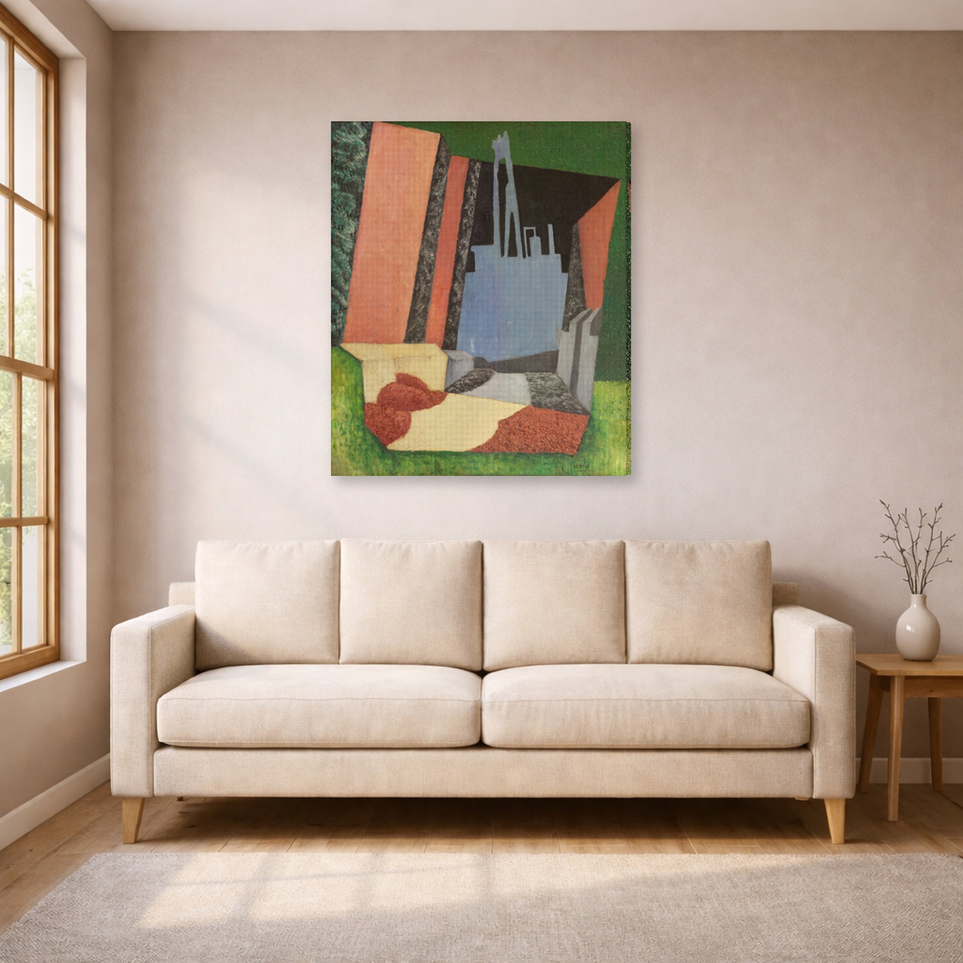Gallery-wrapped canvas print of Diego Rivera's Urban Landscape displayed on a wall in a living room
