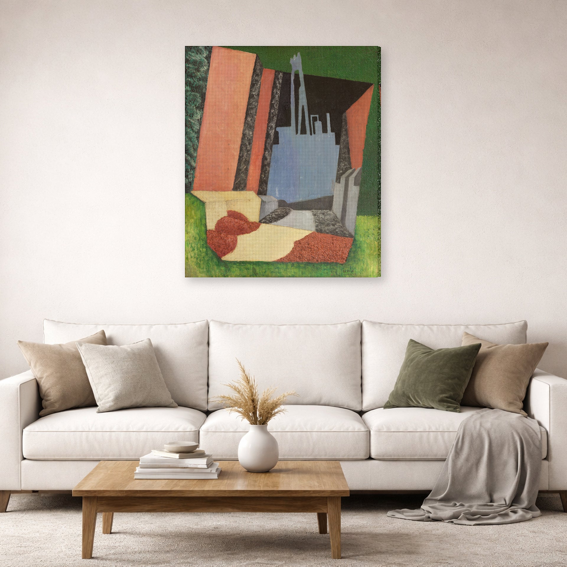 Gallery-wrapped canvas print of Diego Rivera's Urban Landscape displayed on a wall in a living room