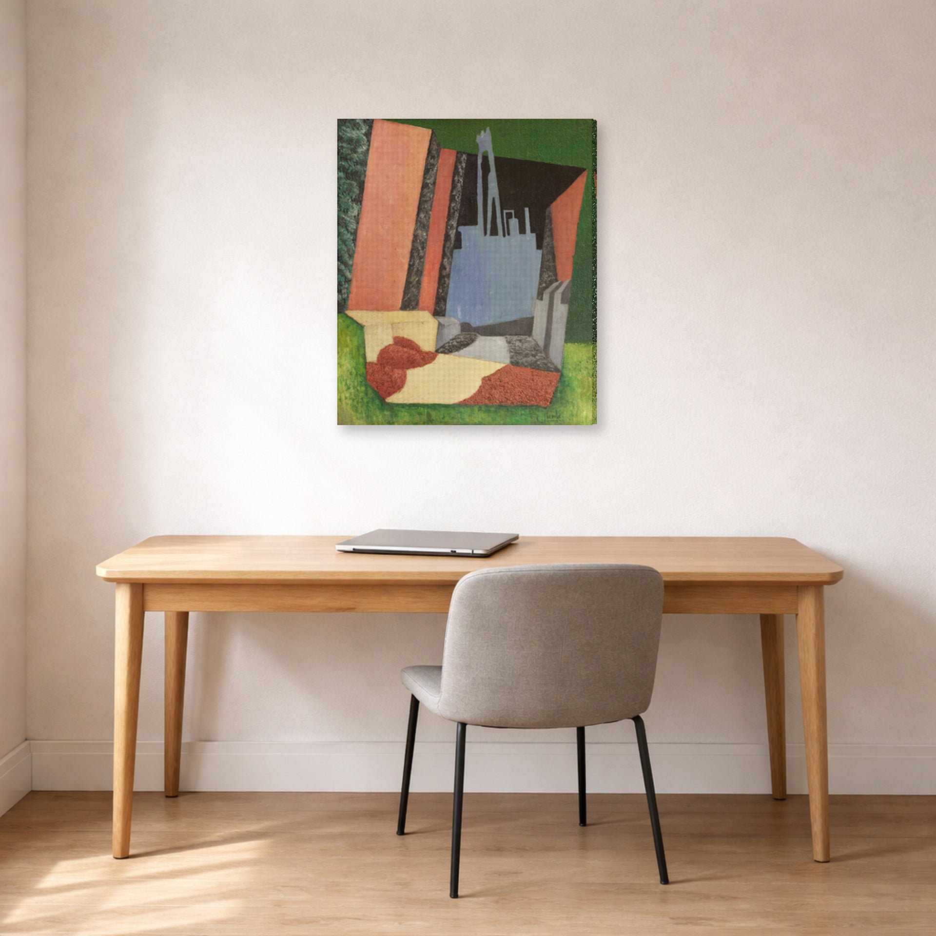 Gallery-wrapped canvas print of Diego Rivera's Urban Landscape displayed on a wall in a home office