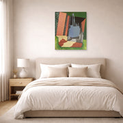 Unframed poster print of Diego Rivera's Urban Landscape displayed on a wall in a bedroom