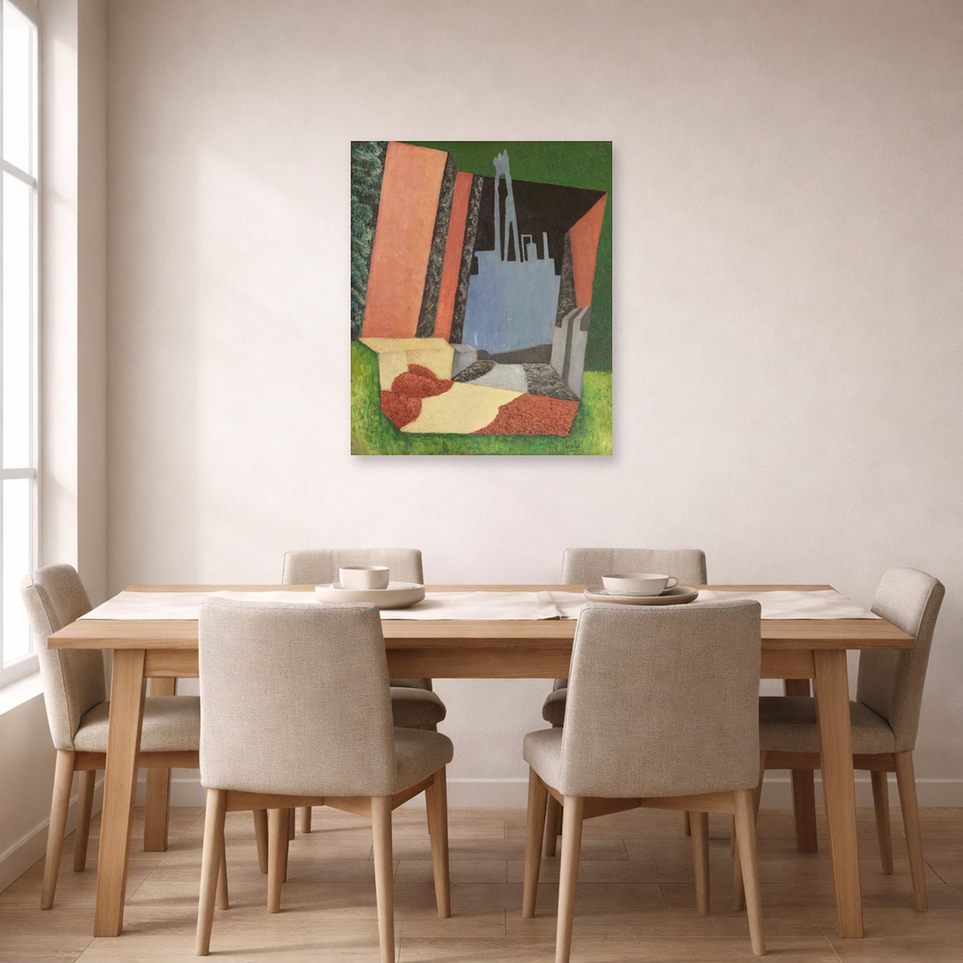 Unframed poster print of Diego Rivera's Urban Landscape displayed on a wall in a dining room