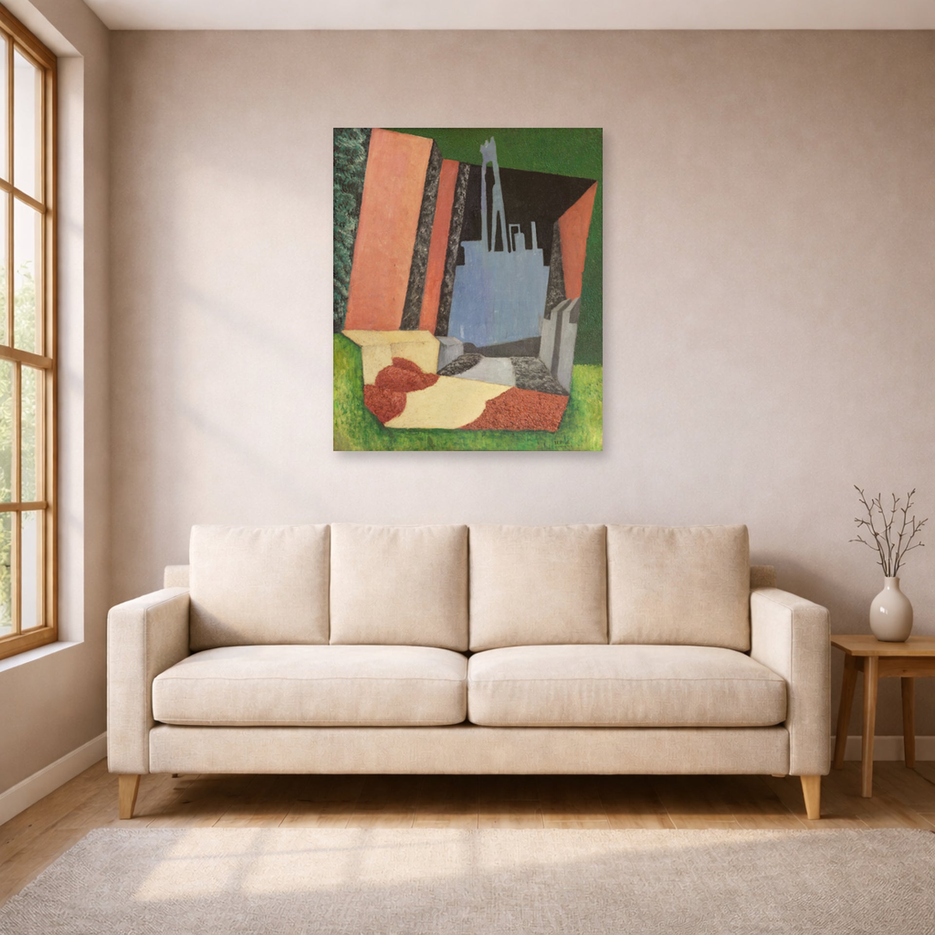 Unframed poster print of Diego Rivera's Urban Landscape displayed on a wall in a living room
