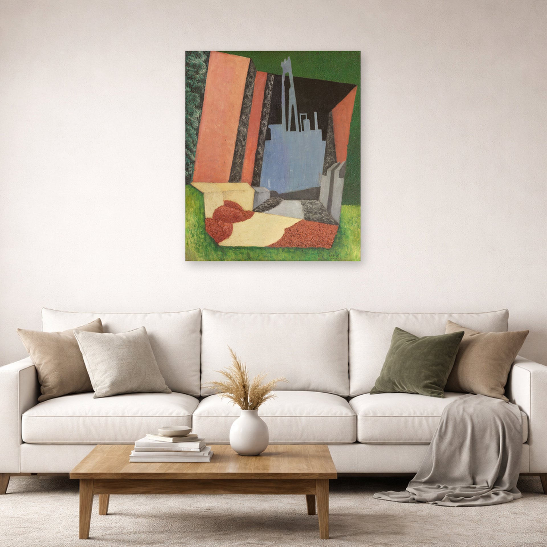 Unframed poster print of Diego Rivera's Urban Landscape displayed on a wall in a living room