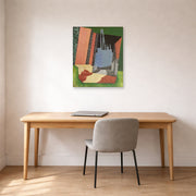 Unframed poster print of Diego Rivera's Urban Landscape displayed on a wall in a home office