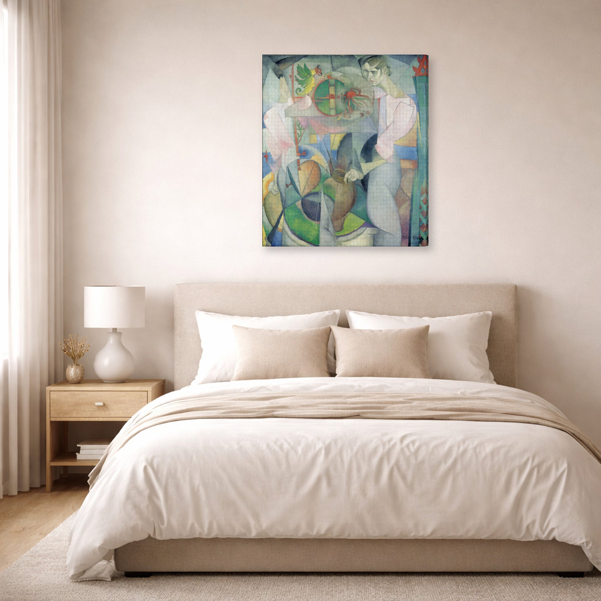 Gallery-wrapped canvas print of Diego Rivera's Woman at a Well displayed on a wall in a bedroom