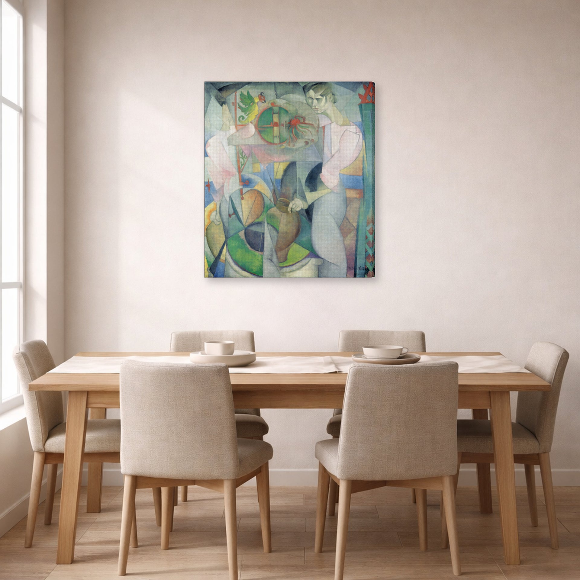 Gallery-wrapped canvas print of Diego Rivera's Woman at a Well displayed on a wall in a dining room