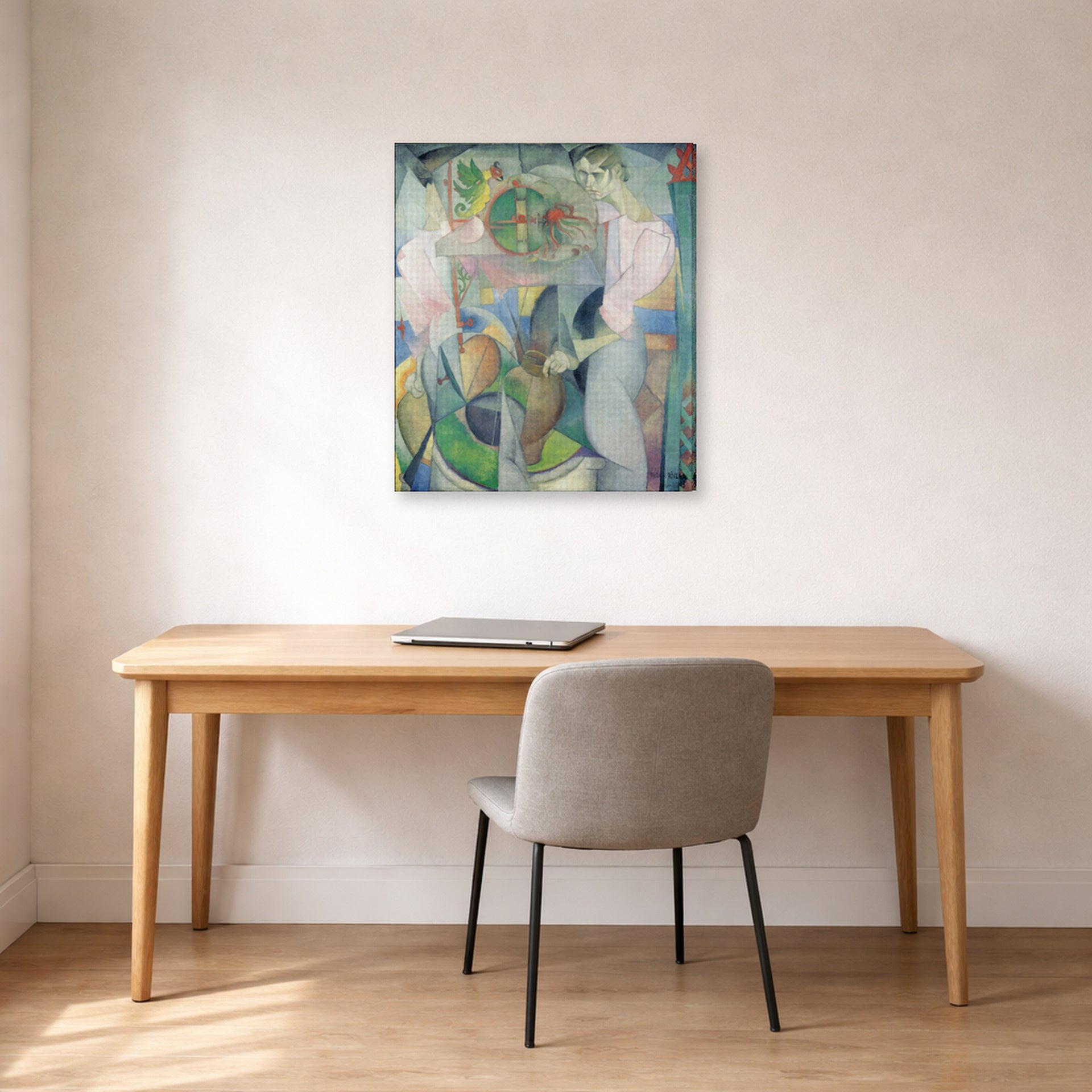 Gallery-wrapped canvas print of Diego Rivera's Woman at a Well displayed on a wall in a home office
