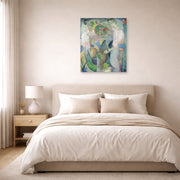 Unframed poster print of Diego Rivera's Woman at a Well displayed on a wall in a bedroom