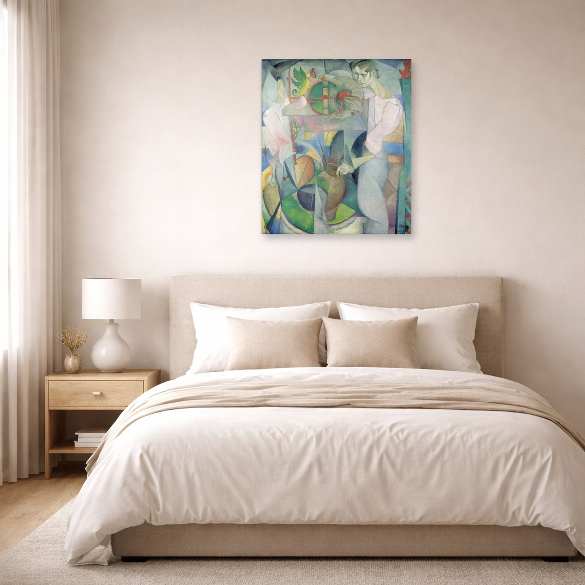 Unframed poster print of Diego Rivera's Woman at a Well displayed on a wall in a bedroom