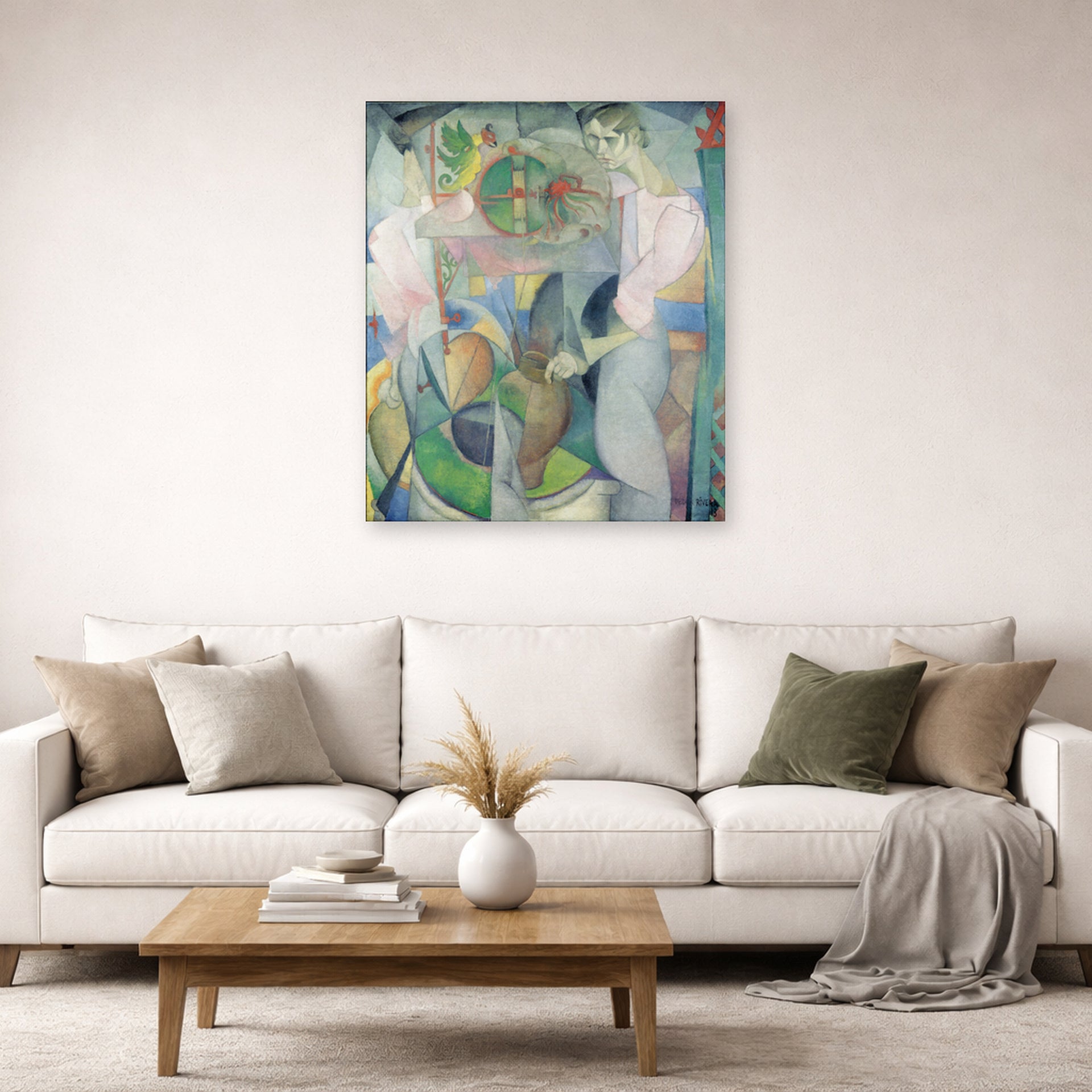 Unframed poster print of Diego Rivera's Woman at a Well displayed on a wall in a living room