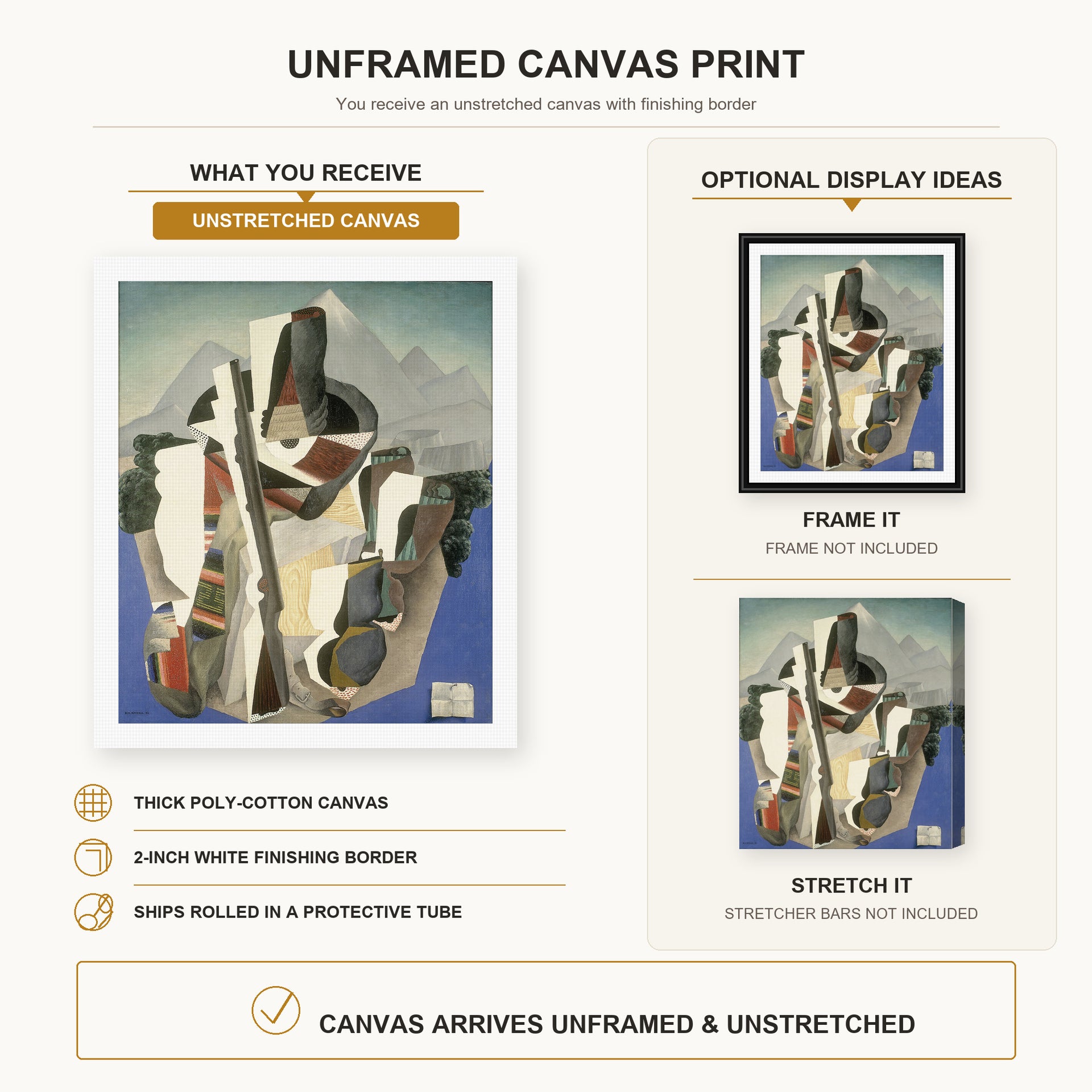 Diego Rivera - Zapata style Landscape canvas print size comparison and framing display infographic