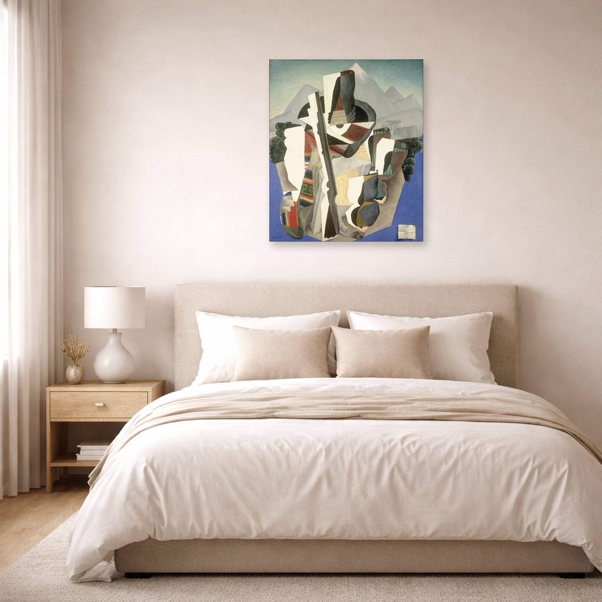Unframed poster print of Diego Rivera's Zapata style Landscape displayed on a wall in a bedroom