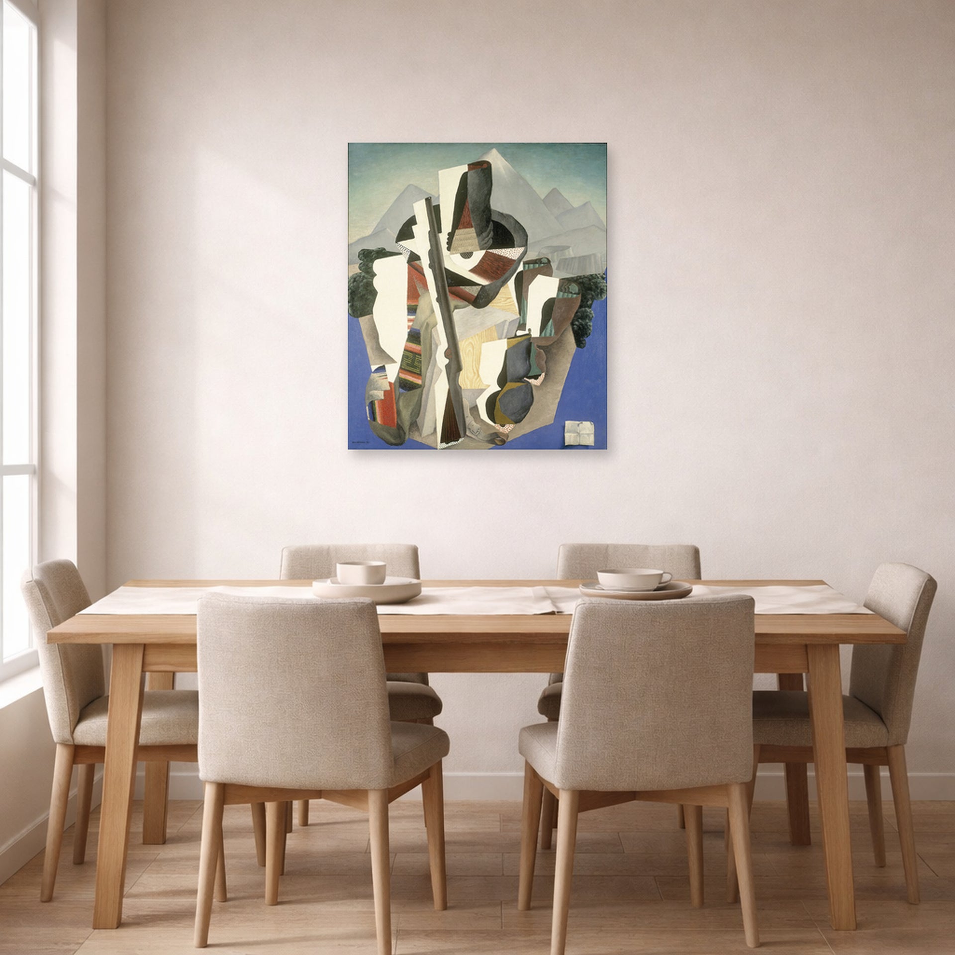 Unframed poster print of Diego Rivera's Zapata style Landscape displayed on a wall in a dining room