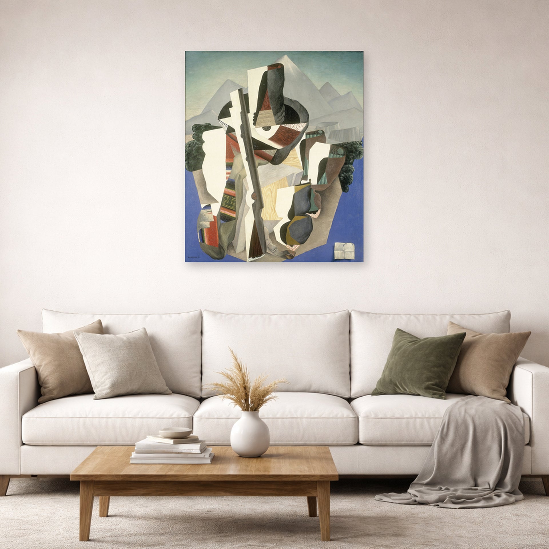 Unframed poster print of Diego Rivera's Zapata style Landscape displayed on a wall in a living room