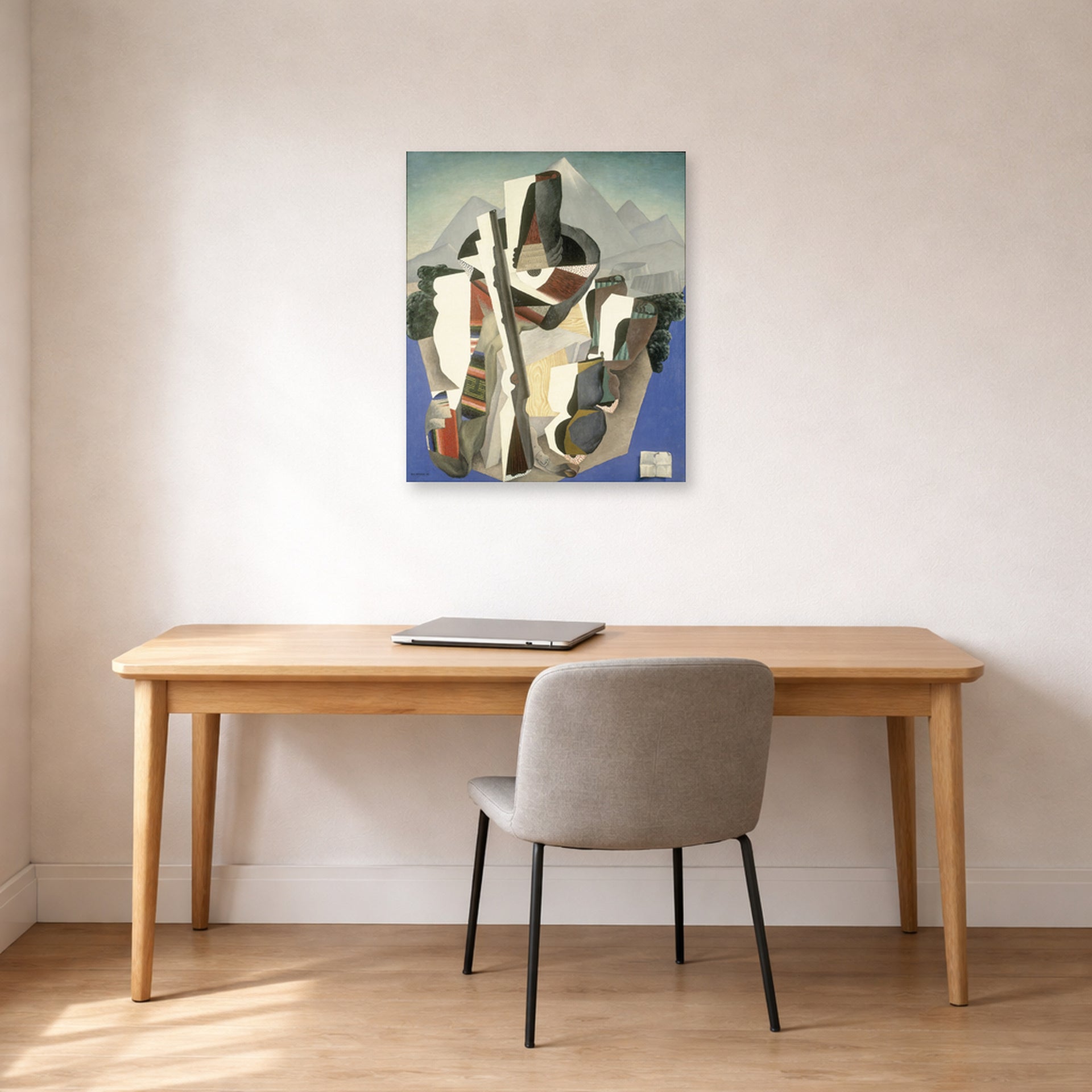 Unframed poster print of Diego Rivera's Zapata style Landscape displayed on a wall in a home office
