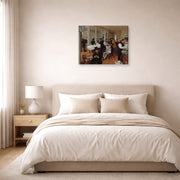 Gallery-wrapped canvas print of Edgar Degas's A Cotton Office in New Orleans displayed on a wall in a bedroom