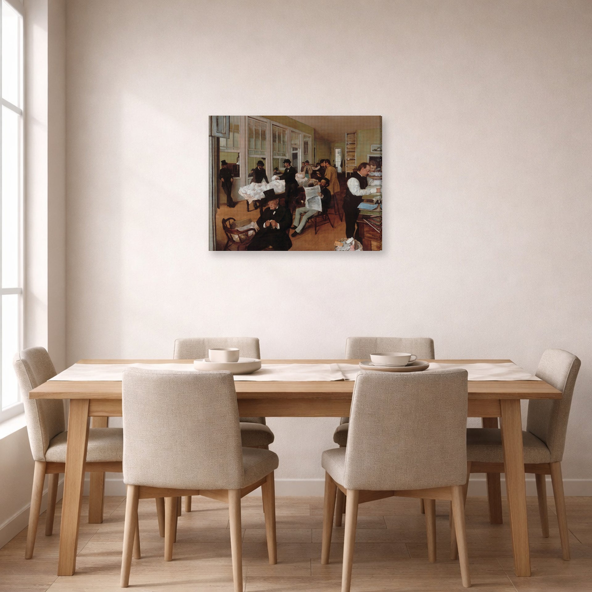 Gallery-wrapped canvas print of Edgar Degas's A Cotton Office in New Orleans displayed on a wall in a dining