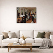 Gallery-wrapped canvas print of Edgar Degas's A Cotton Office in New Orleans displayed on a wall in a living room