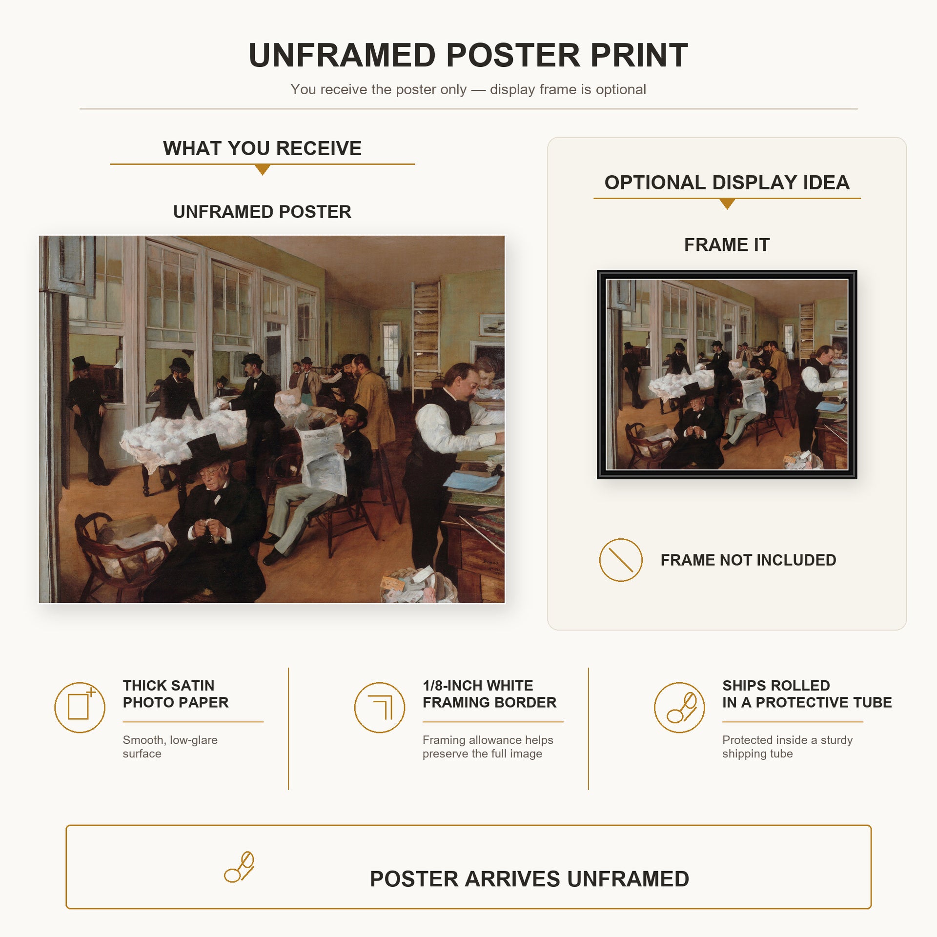 Edgar Degas - A Cotton Office in New Orleans poster print size comparison and framing display infographic