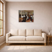 Unframed poster print of Edgar Degas's A Cotton Office in New Orleans displayed on a wall in a living room