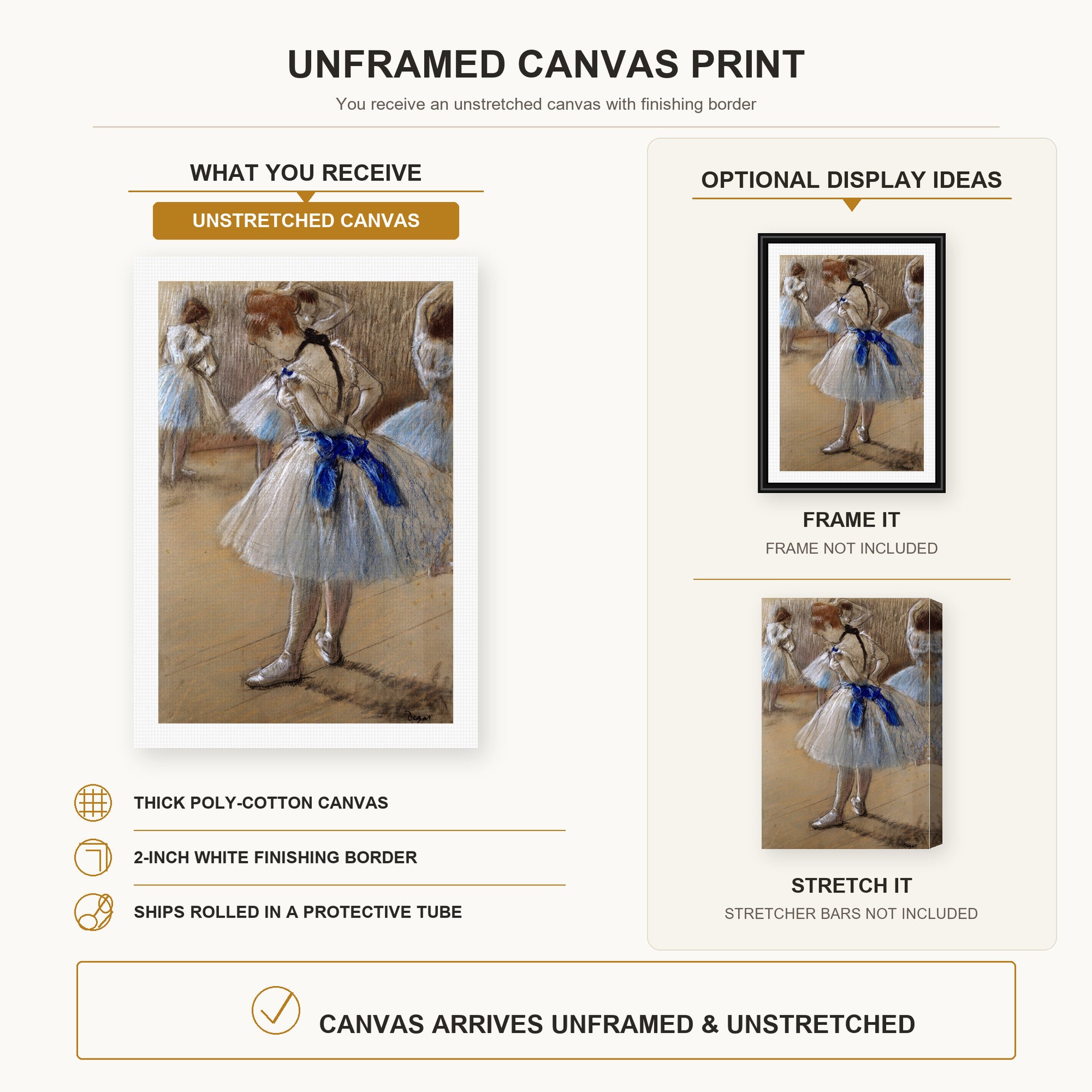 Edgar Degas - A Study of a Dancer canvas print size comparison and framing display infographic