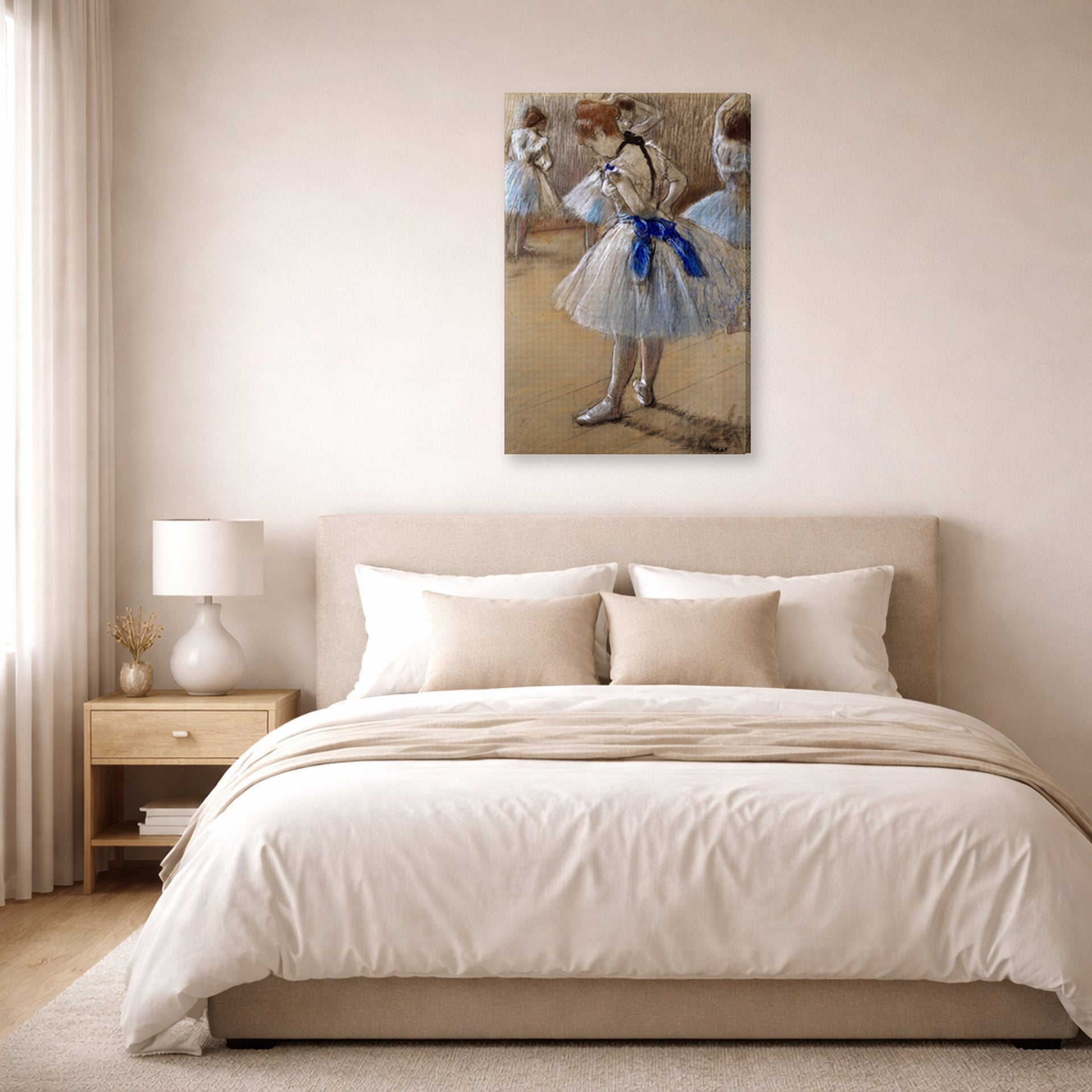 Gallery-wrapped canvas print of Edgar Degas's A Study of a Dancer displayed on a wall in a bedroom