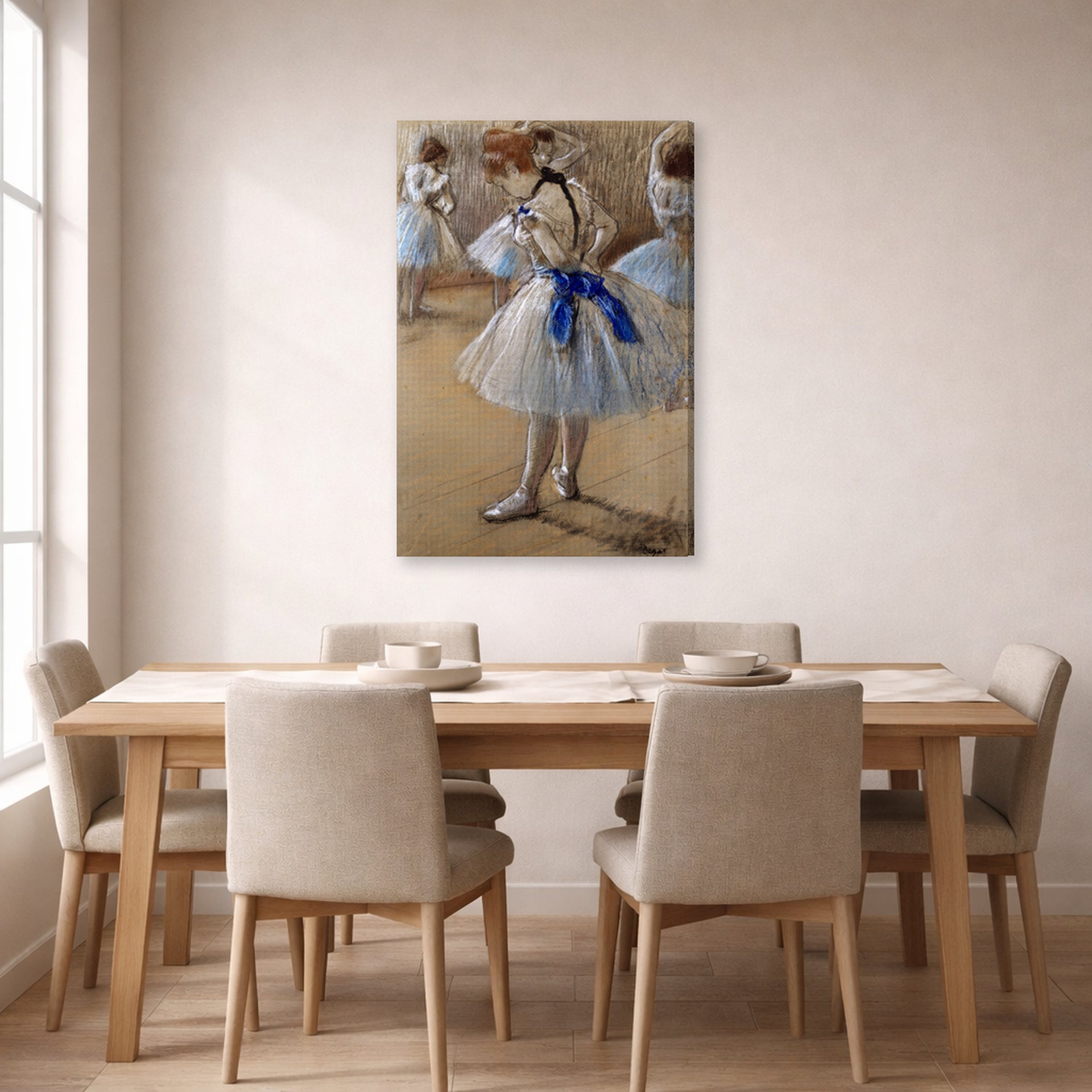 Gallery-wrapped canvas print of Edgar Degas's A Study of a Dancer displayed on a wall in a dining