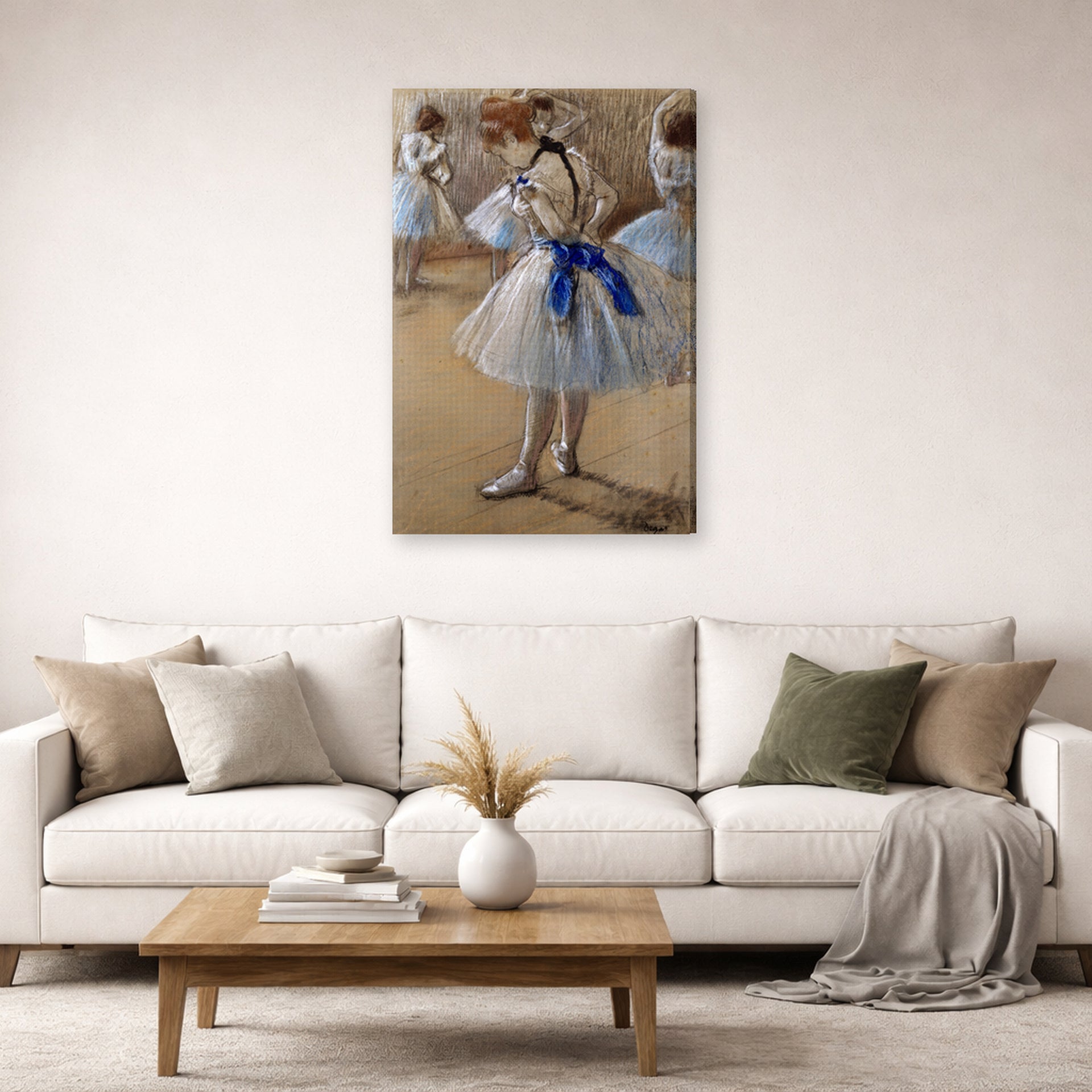 Gallery-wrapped canvas print of Edgar Degas's A Study of a Dancer displayed on a wall in a living room