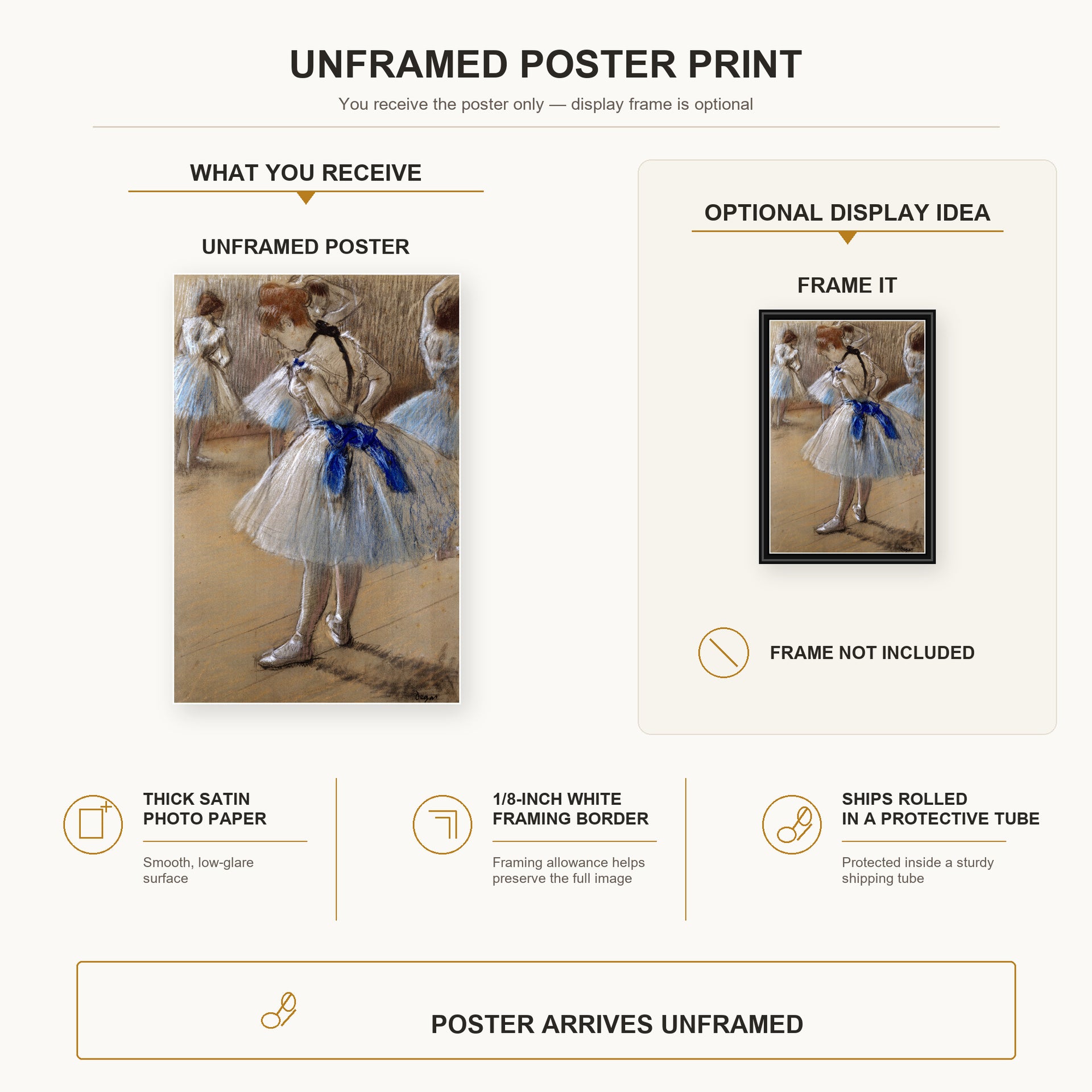 Edgar Degas - A Study of a Dancer poster print size comparison and framing display infographic