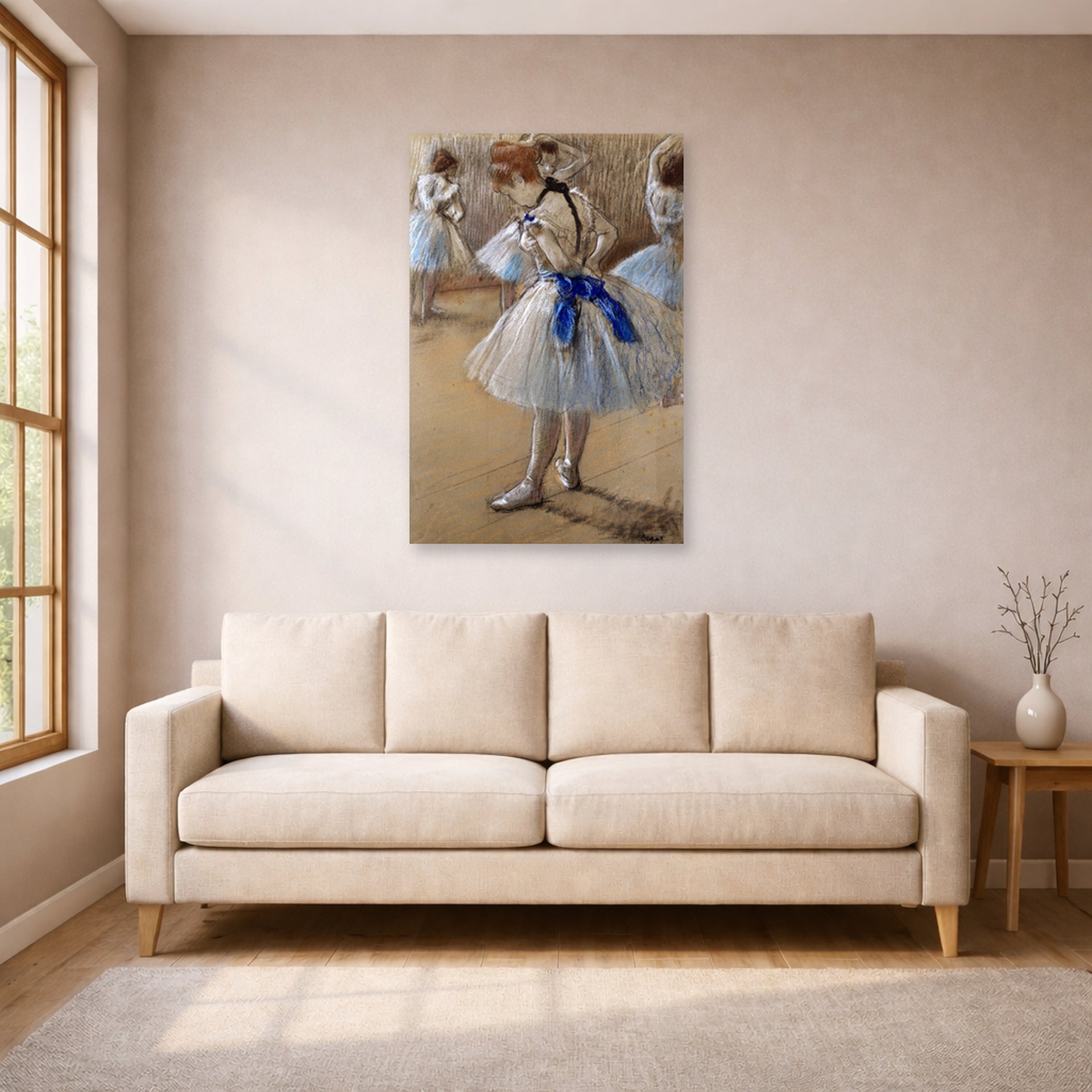 Unframed poster print of Edgar Degas's A Study of a Dancer displayed on a wall in a living room