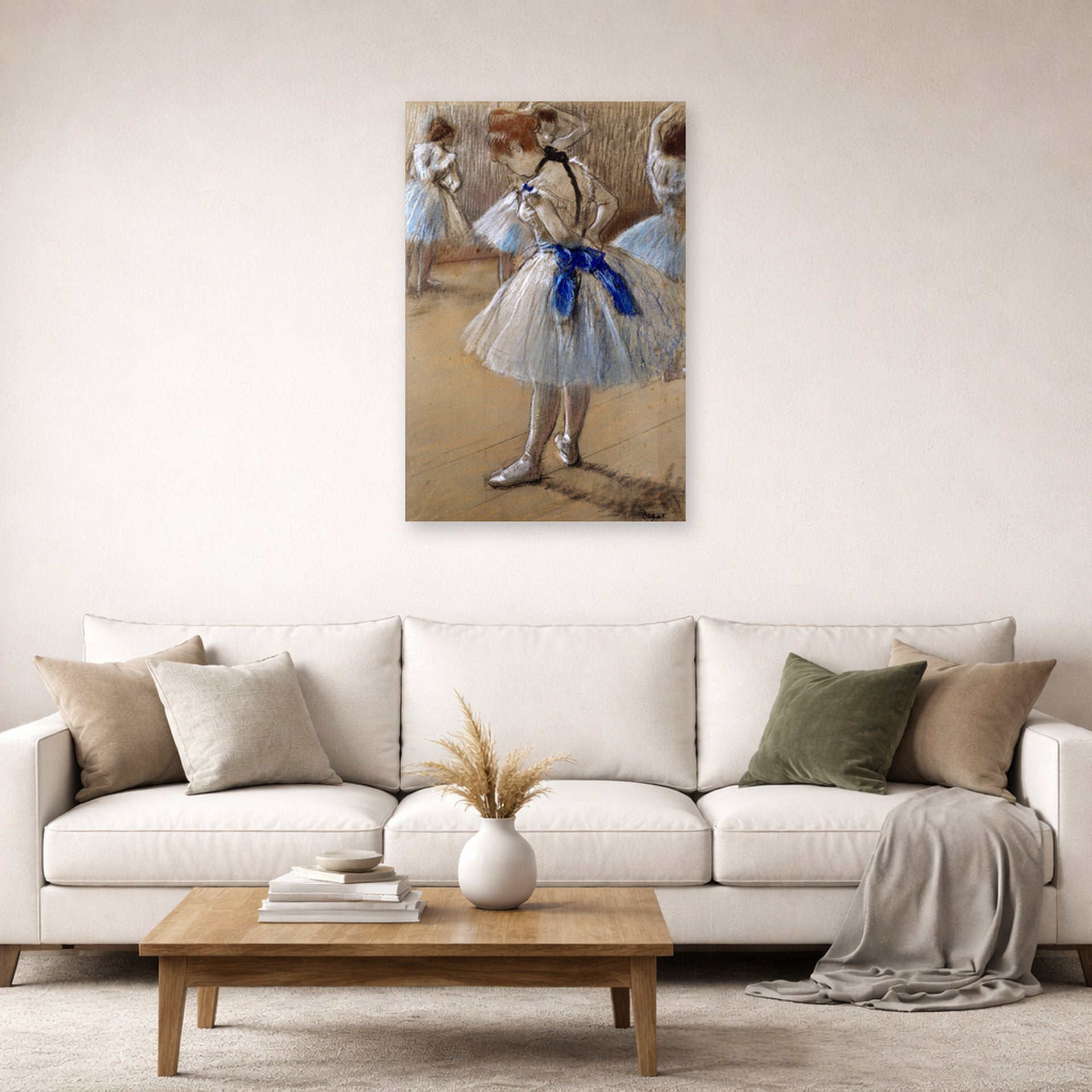 Unframed poster print of Edgar Degas's A Study of a Dancer displayed on a wall in a living room