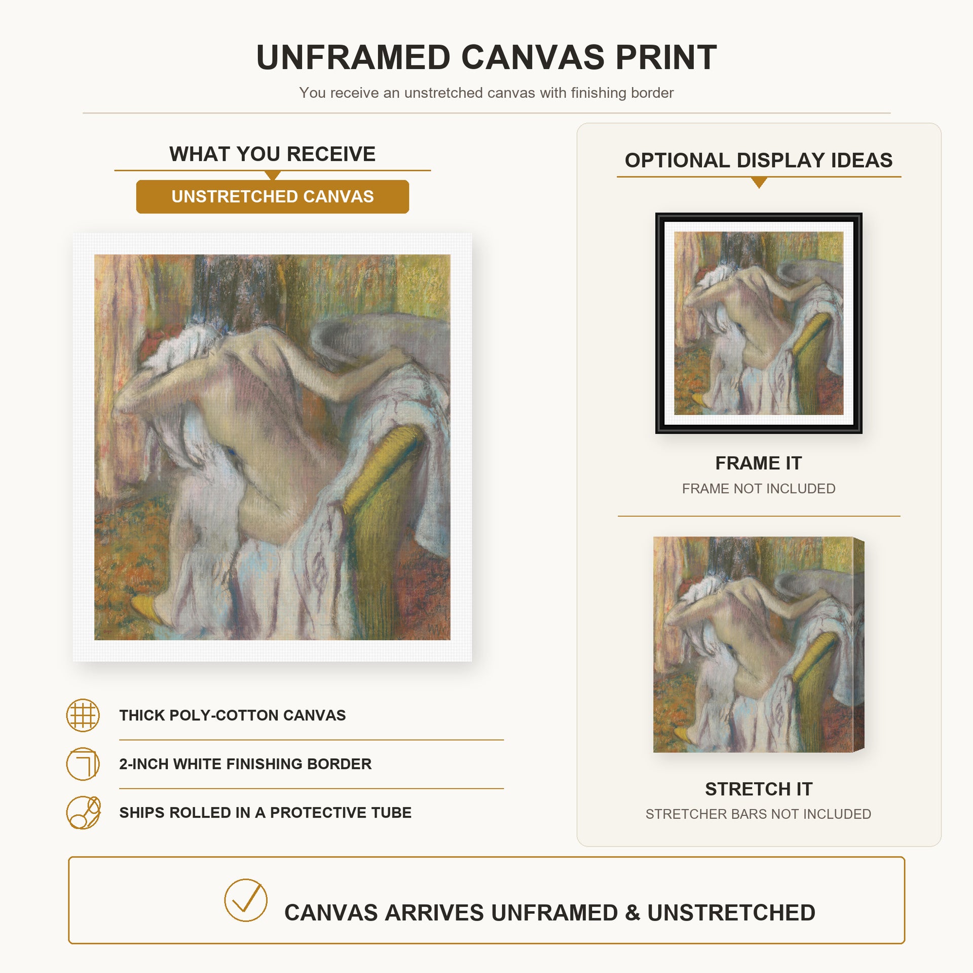 Edgar Degas - After the Bath Woman Drying canvas print size comparison and framing display infographic
