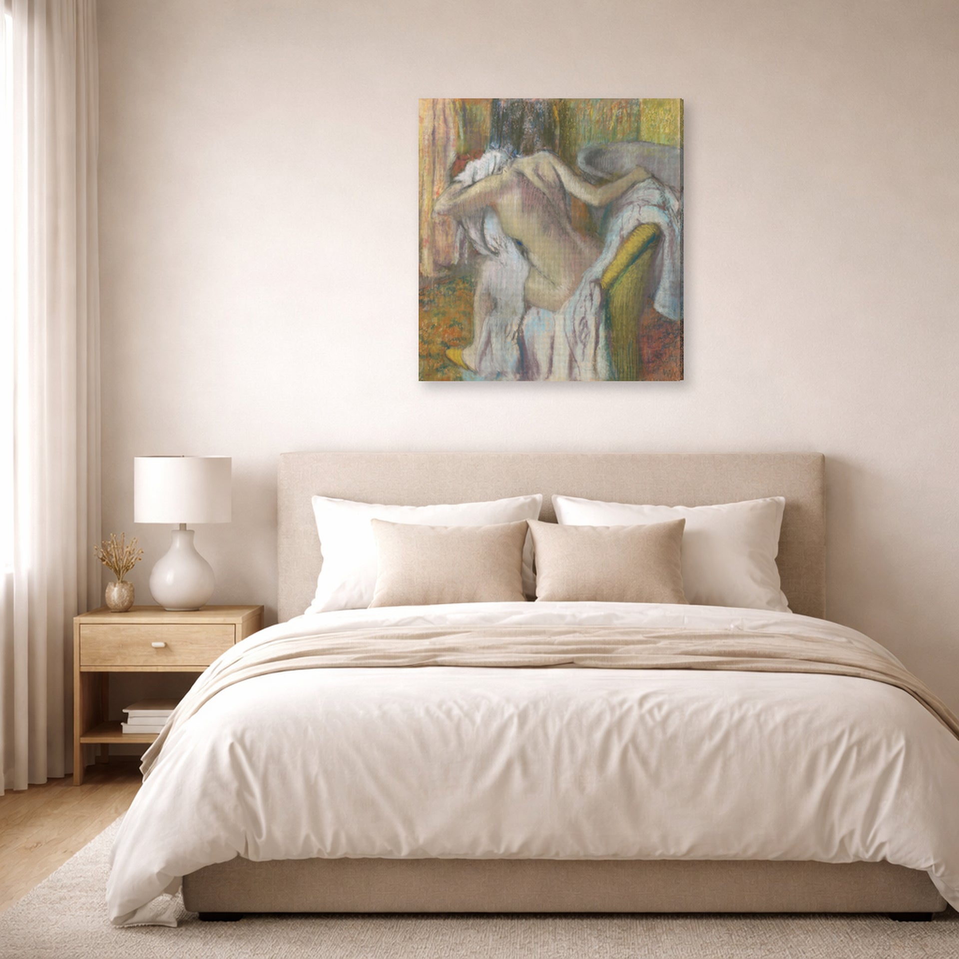Gallery-wrapped canvas print of Edgar Degas's After the Bath Woman Drying displayed on a wall in a bedroom