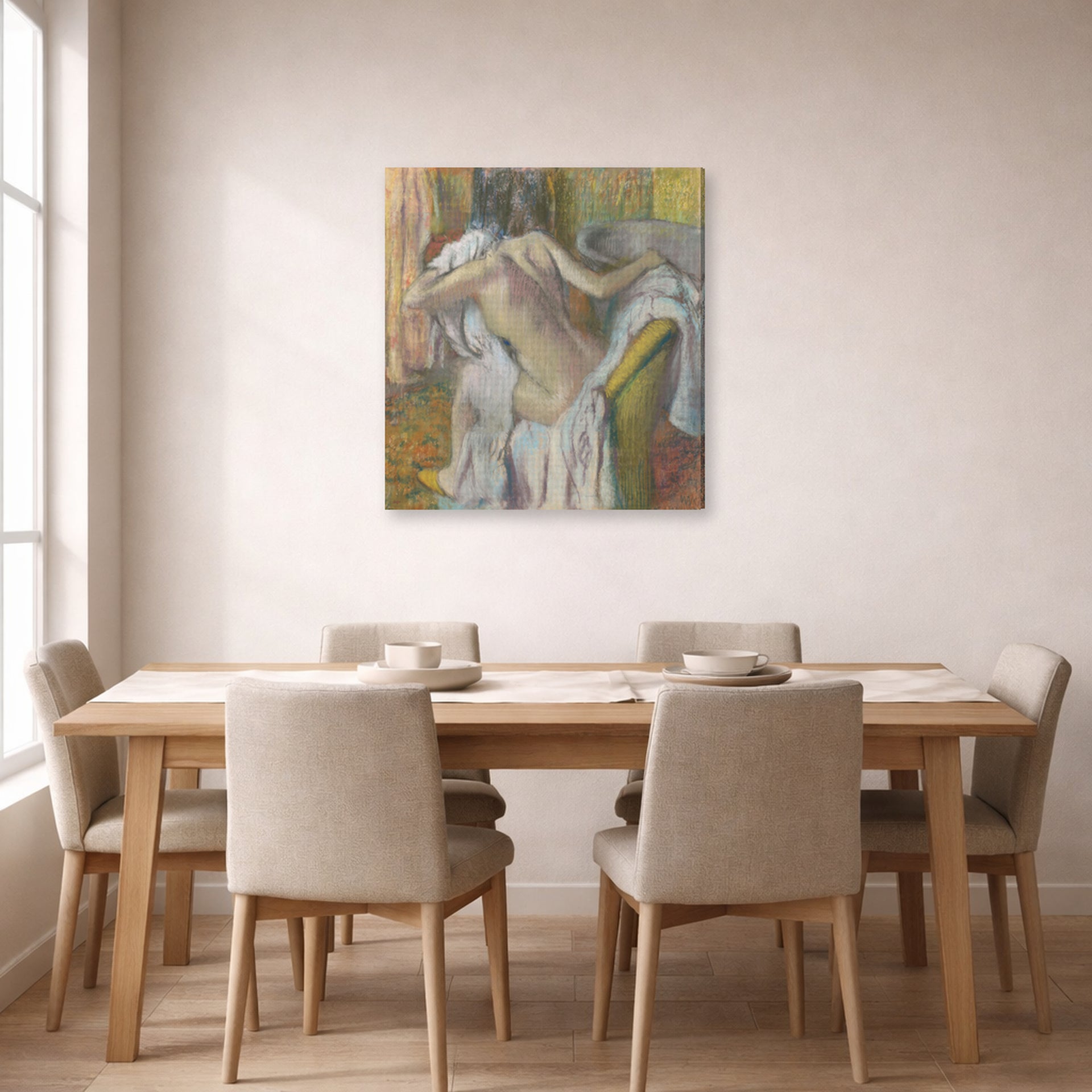 Gallery-wrapped canvas print of Edgar Degas's After the Bath Woman Drying displayed on a wall in a dining