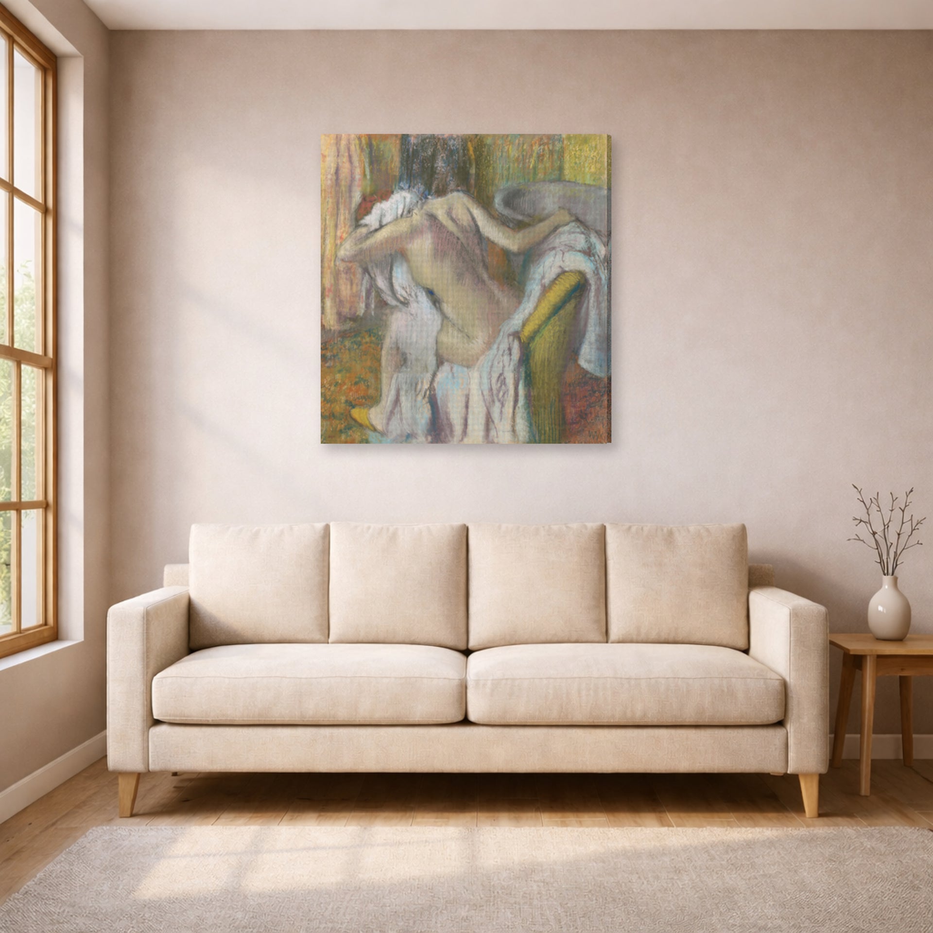 Gallery-wrapped canvas print of Edgar Degas's After the Bath Woman Drying displayed on a wall in a living room