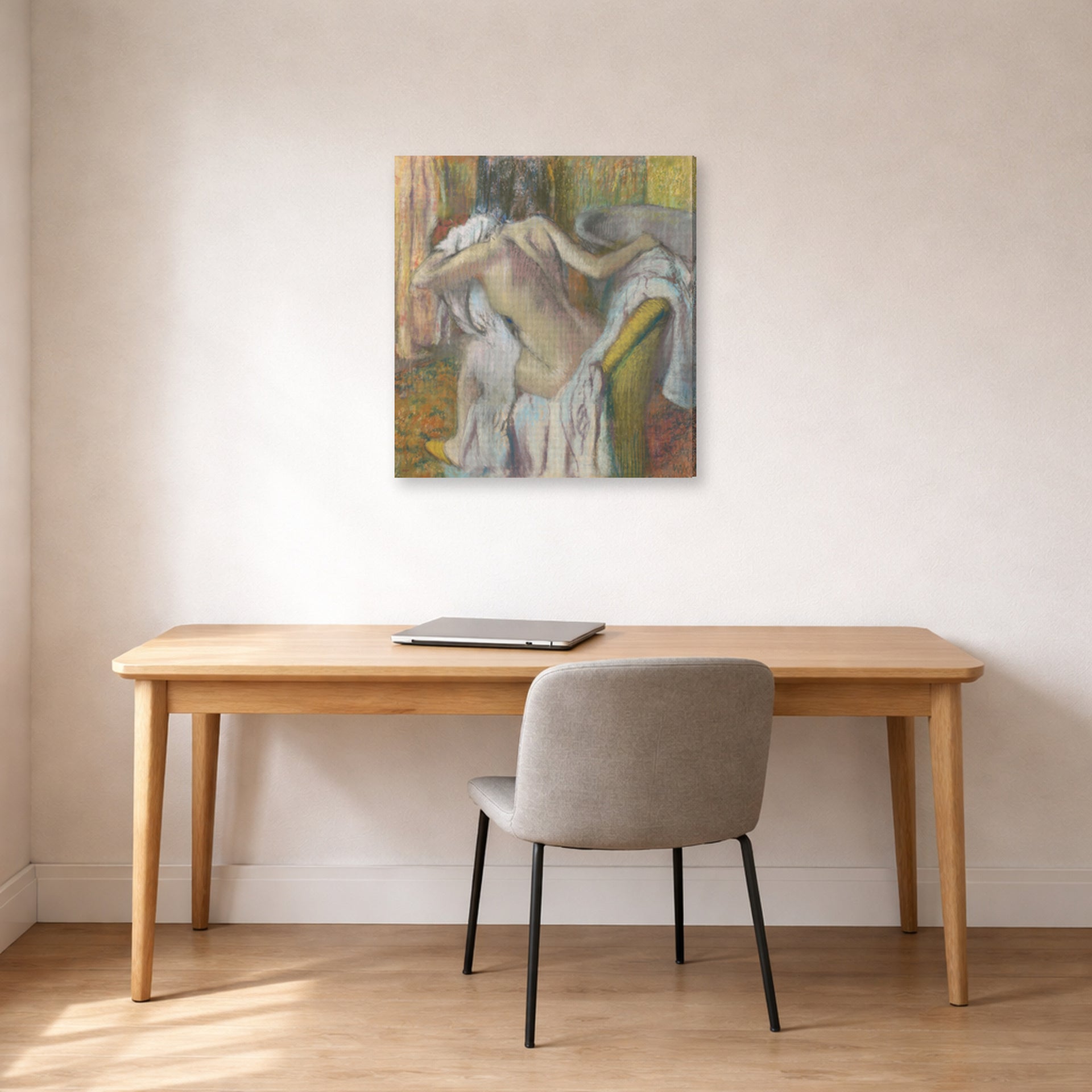 Gallery-wrapped canvas print of Edgar Degas's After the Bath Woman Drying displayed on a wall in a office