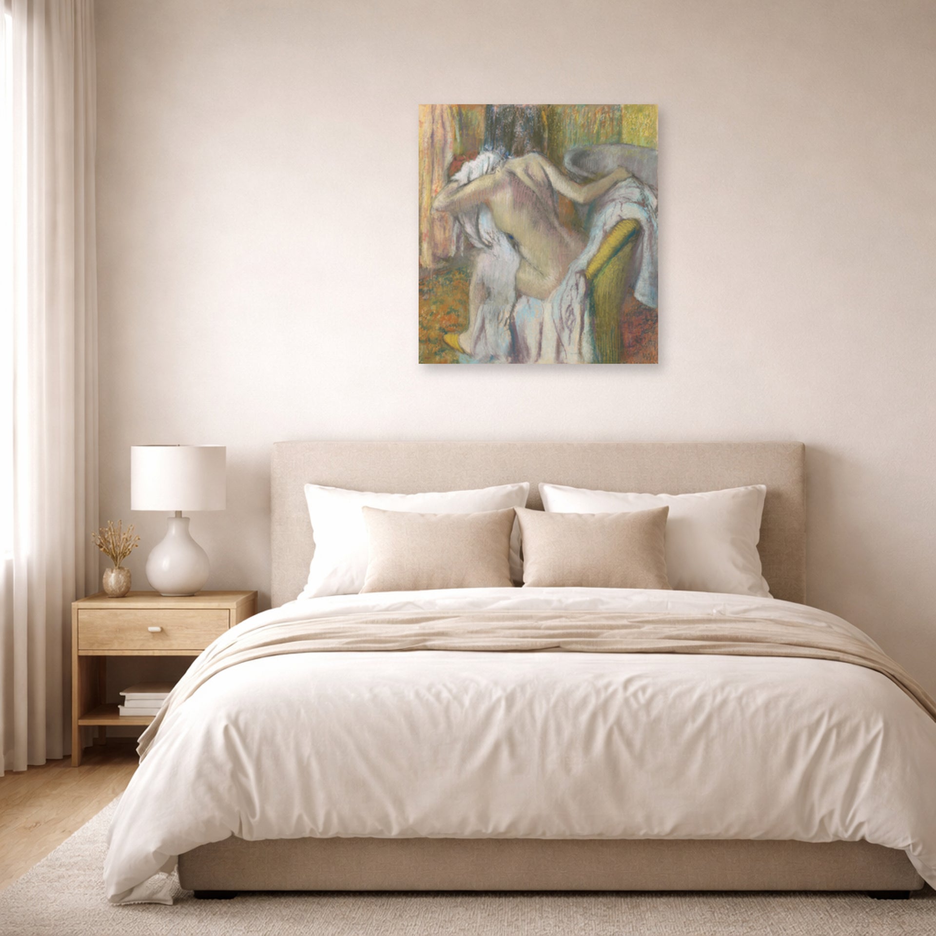 Unframed poster print of Edgar Degas's After the Bath Woman Drying displayed on a wall in a bedroom