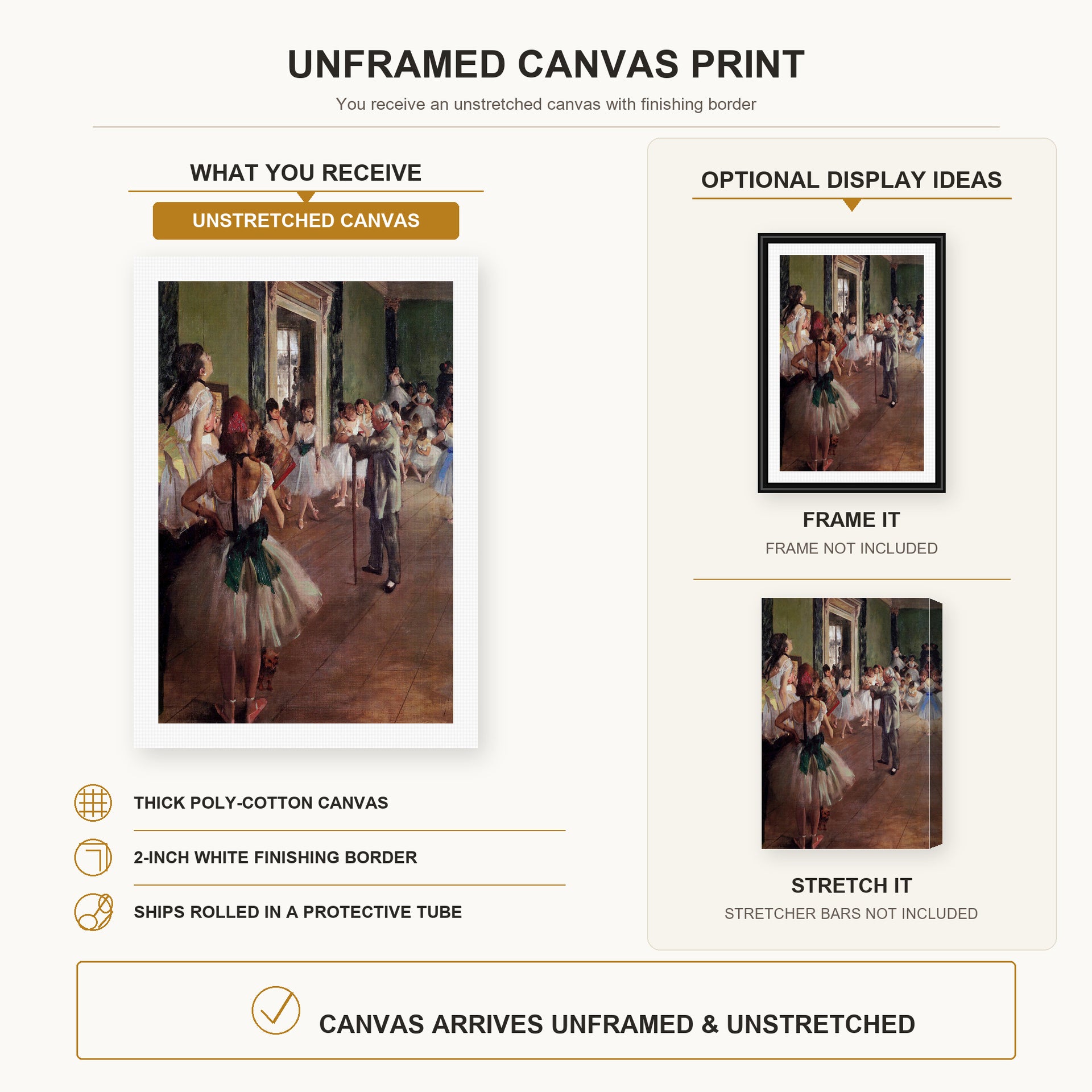 Edgar Degas - Ballet Class canvas print size comparison and framing display infographic