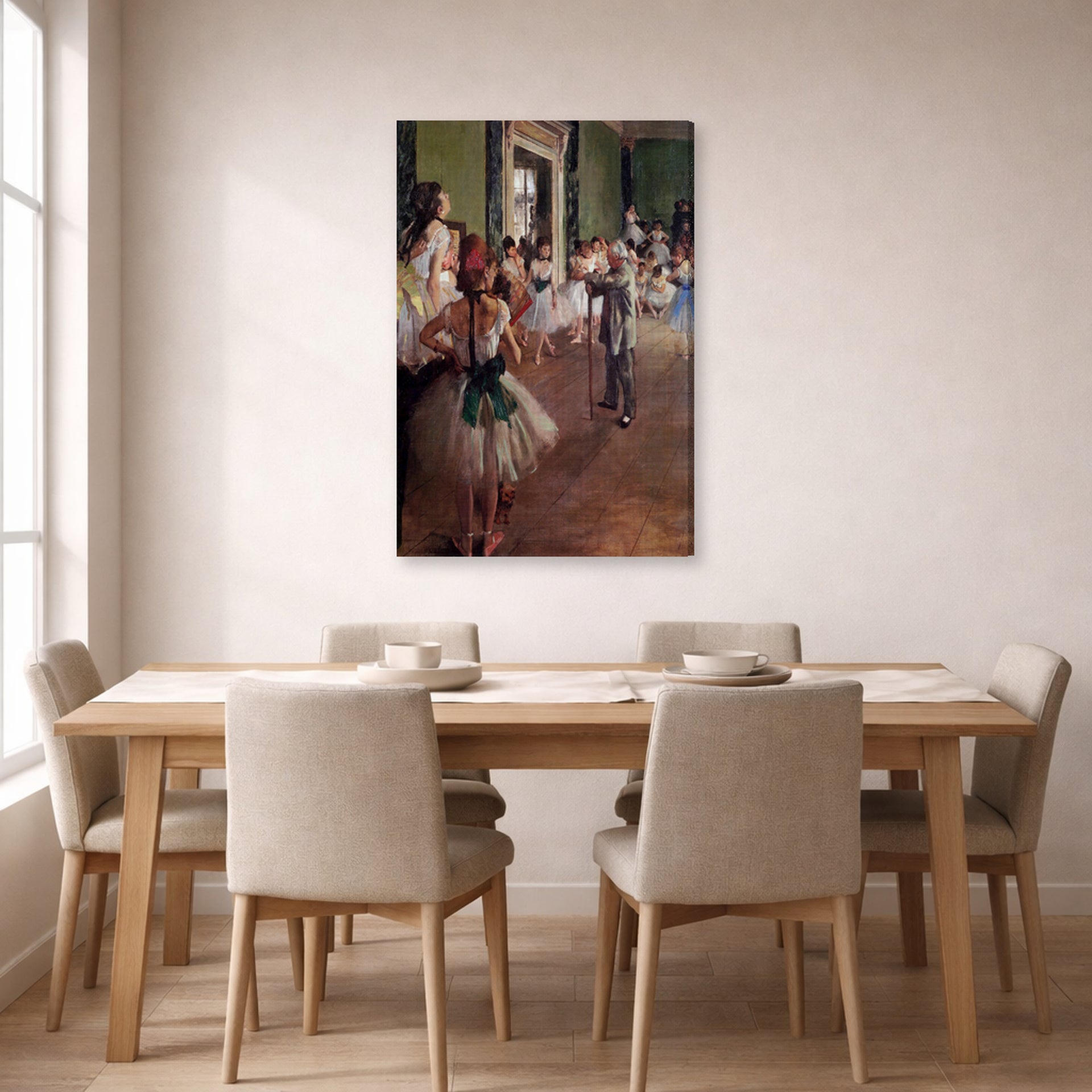 Gallery-wrapped canvas print of Edgar Degas's Ballet Class displayed on a wall in a dining
