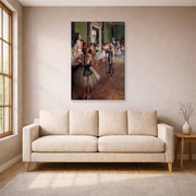 Gallery-wrapped canvas print of Edgar Degas's Ballet Class displayed on a wall in a living room