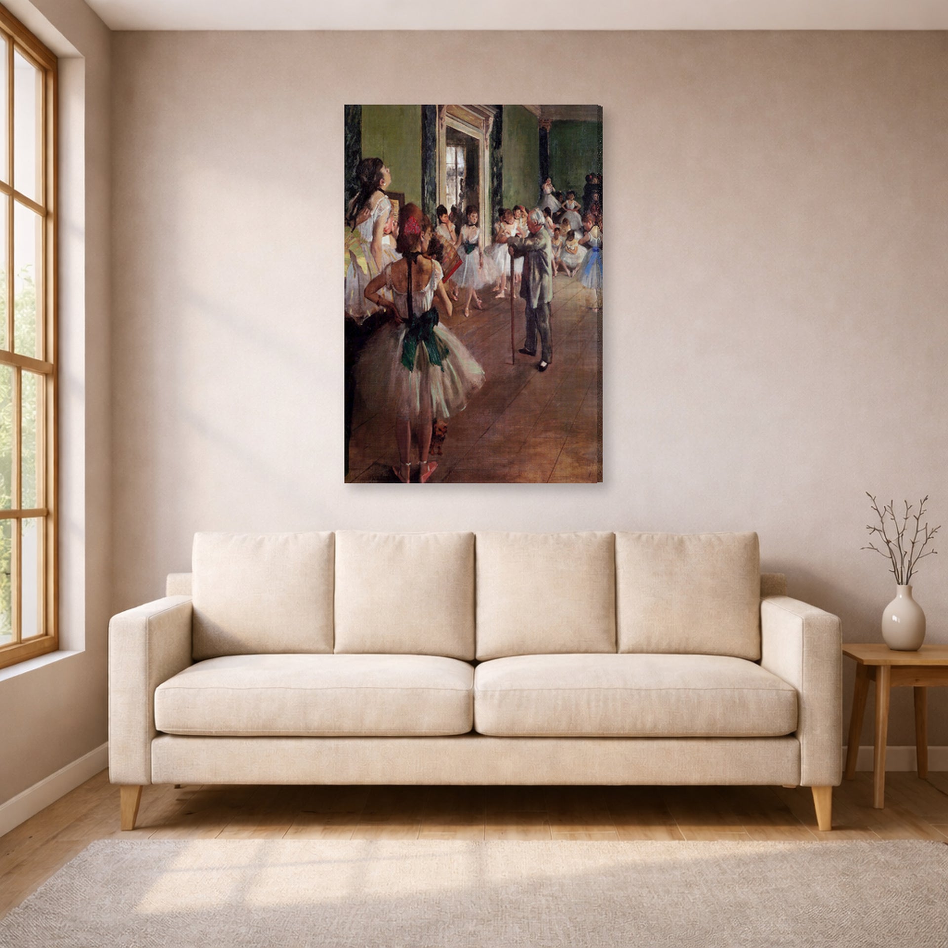Gallery-wrapped canvas print of Edgar Degas's Ballet Class displayed on a wall in a living room